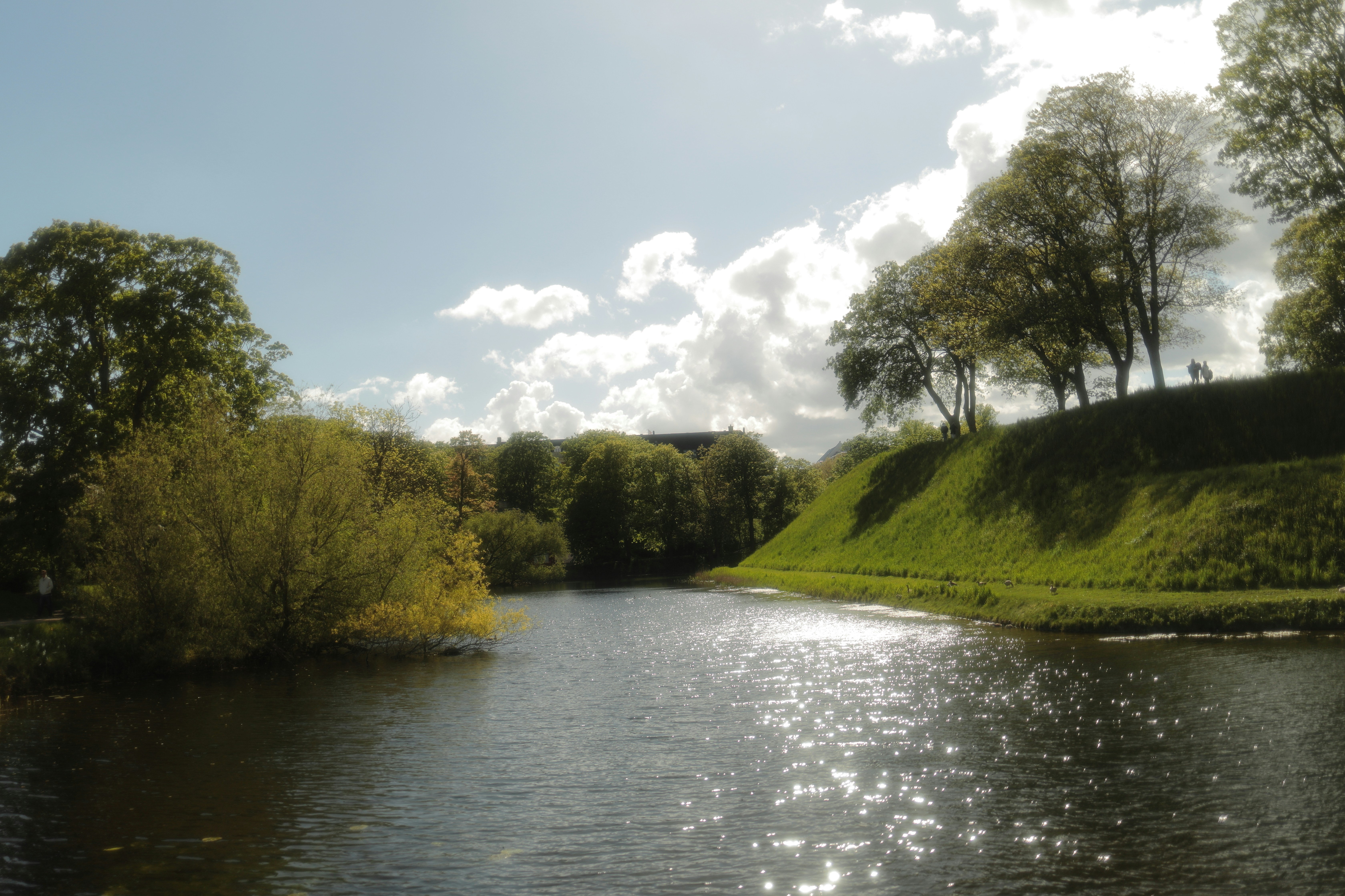 A calm canal reflecting sunlight beside a grassy embankment with trees under a cloudy sky