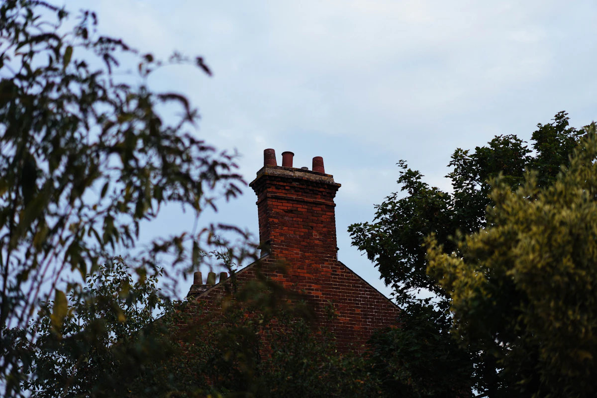 A brick chimney rising above trees