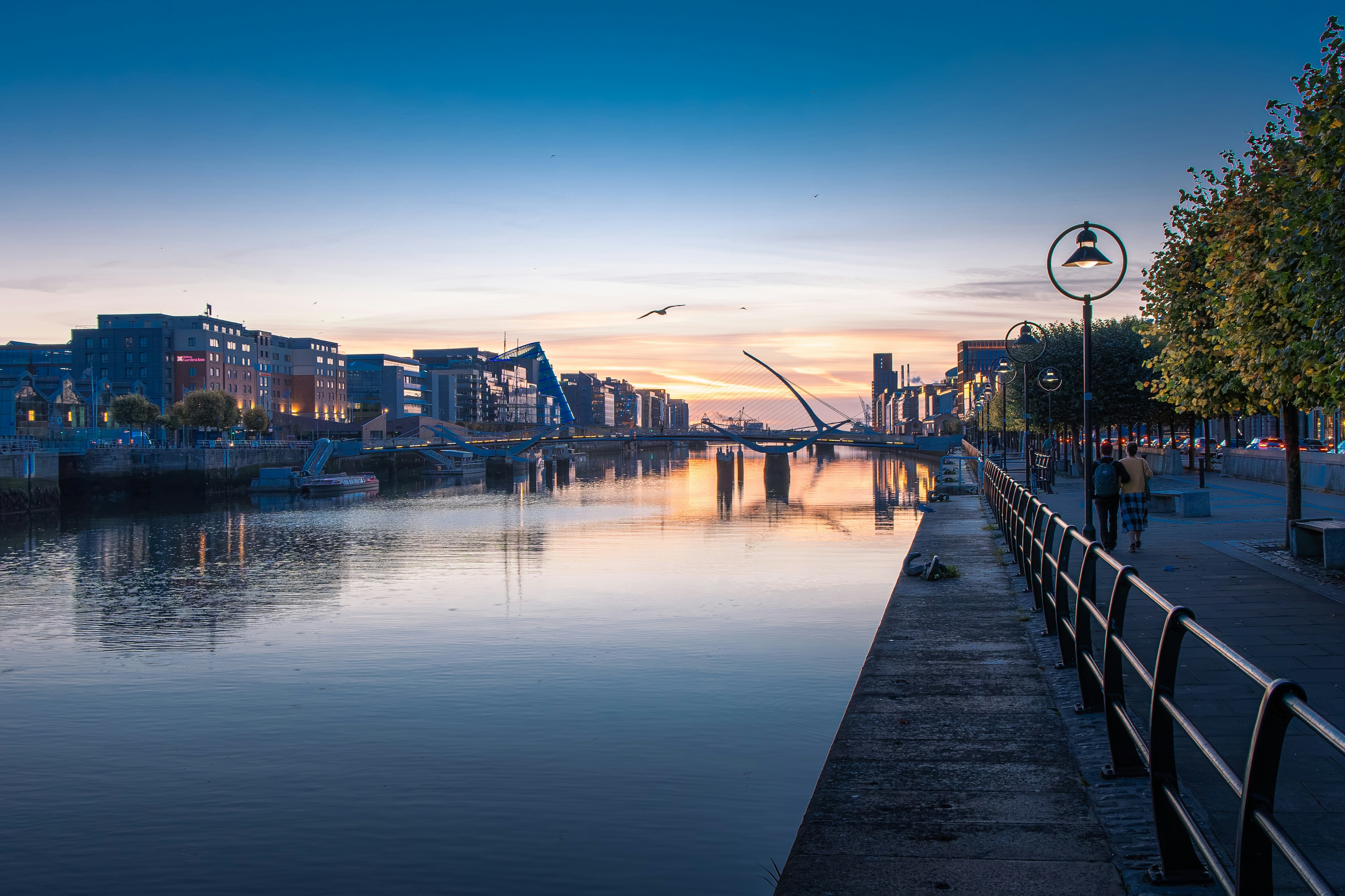 The Samuel Beckett Bridge over the River Liffey in Dublin at low sun