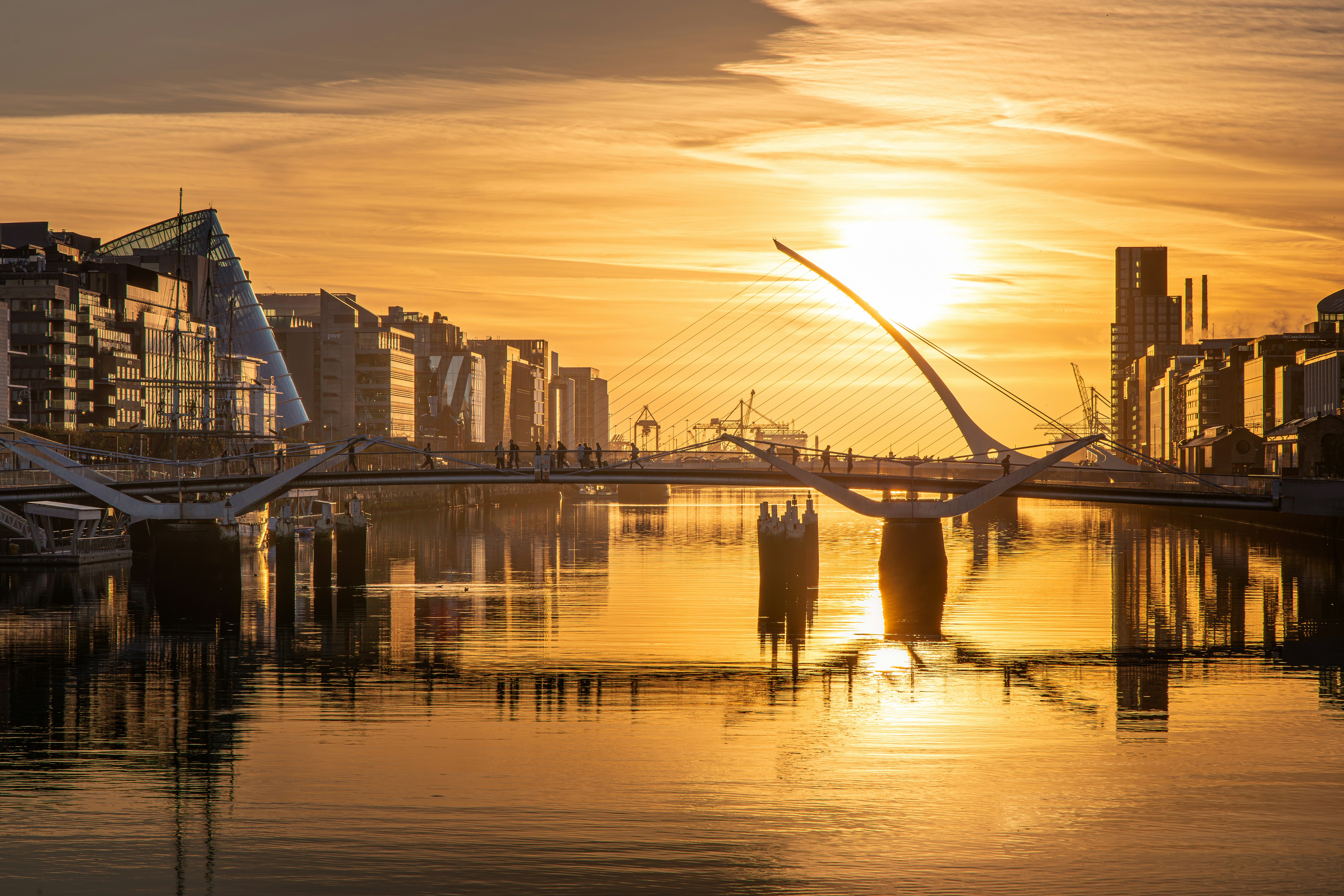The Samuel Beckett Bridge over the River Liffey in Dublin at golden hour