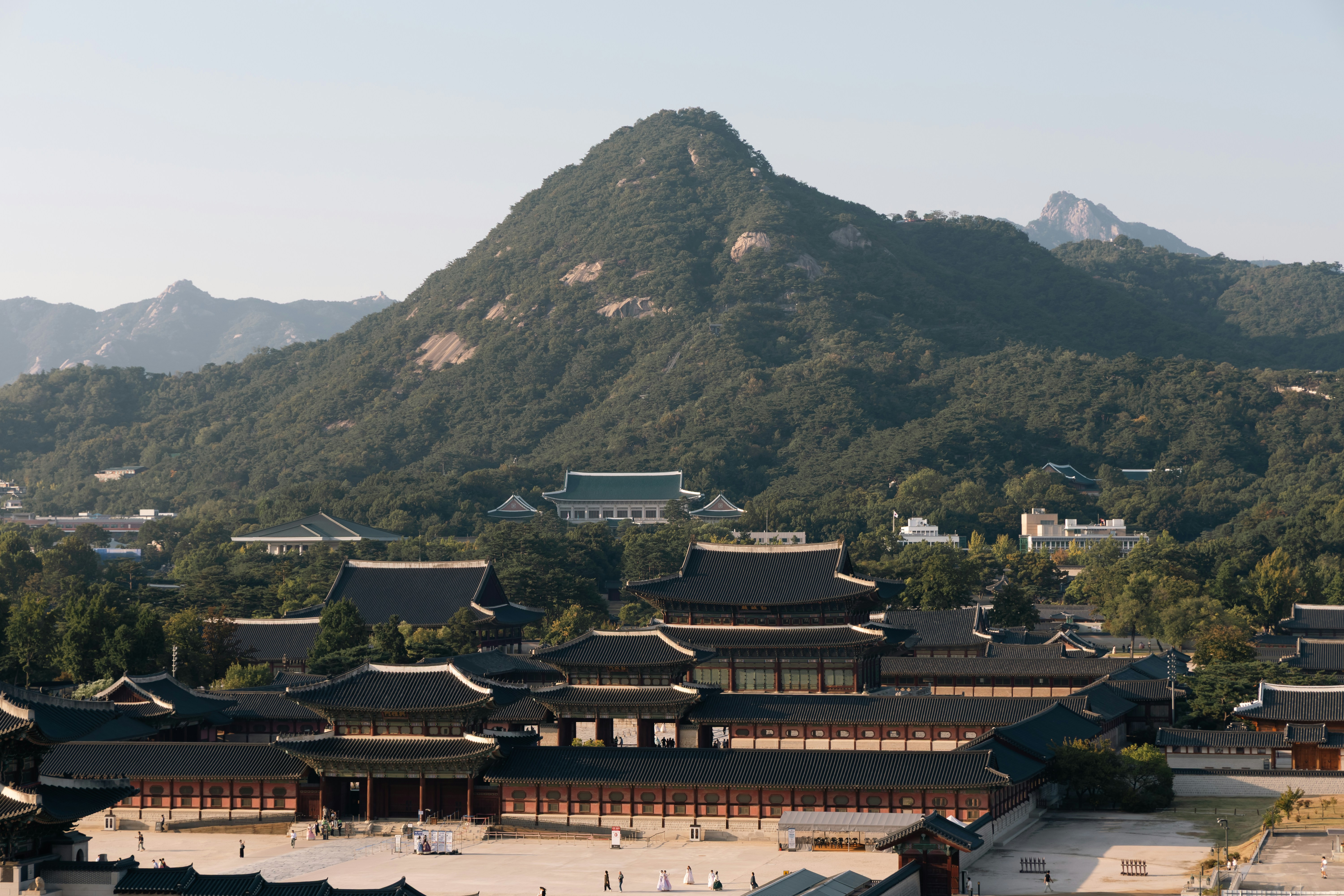 Gyeongbokgung Palace with traditional tiled roofs below a large forested mountain in Seoul
