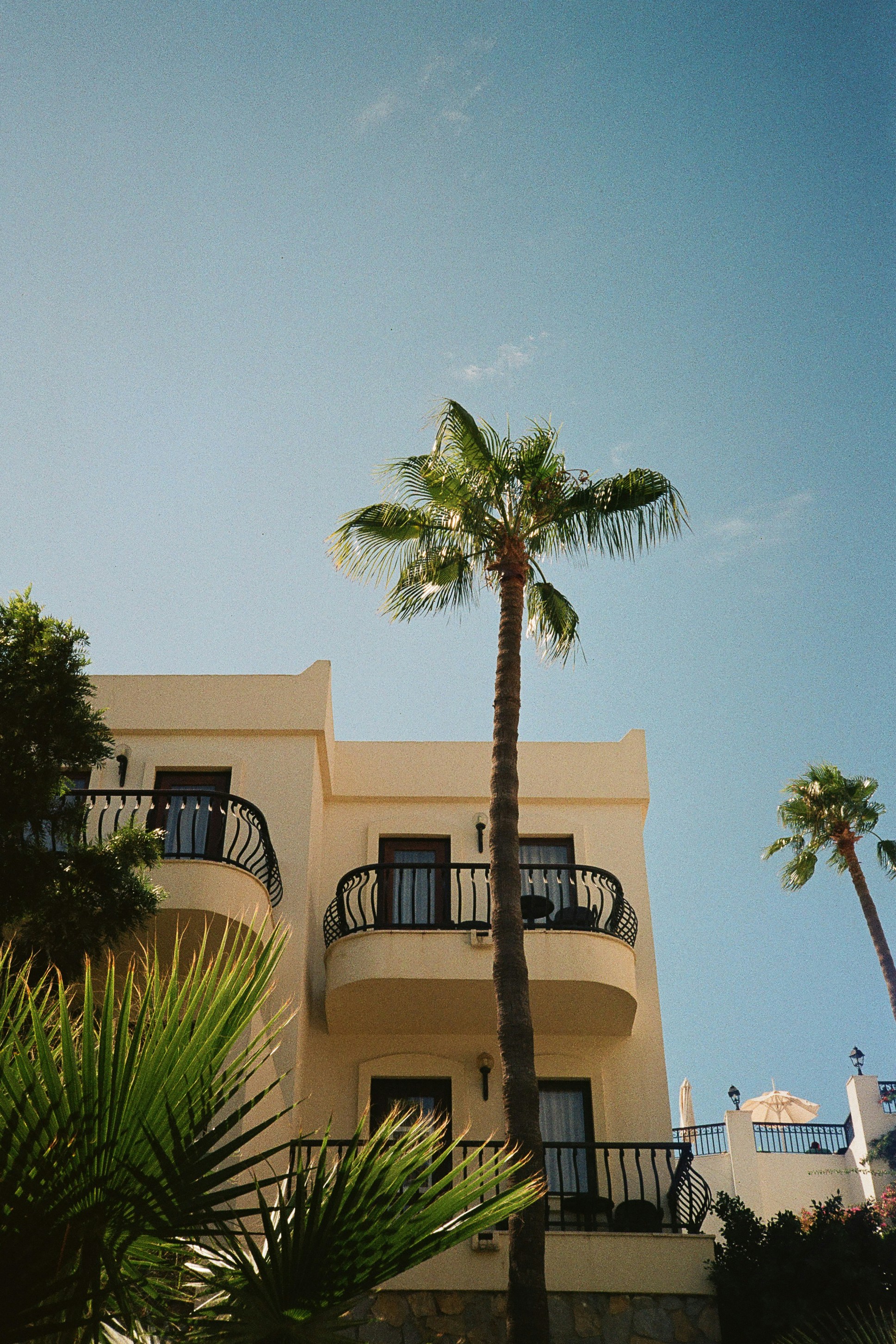 A cream-colored building with balconies and palm trees in Bodrum, Türkiye