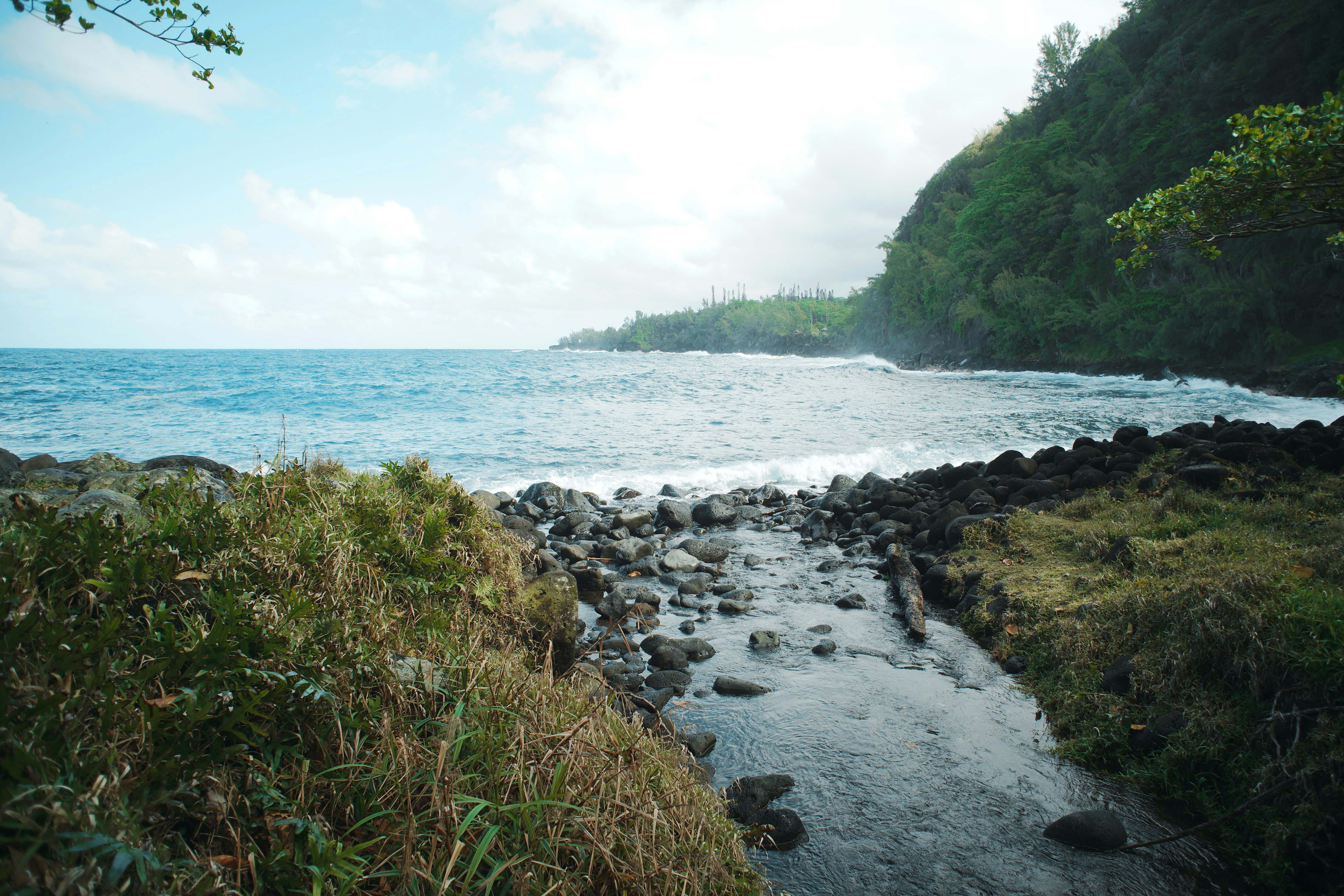A small stream flowing over dark rocks into the blue ocean by a cliff