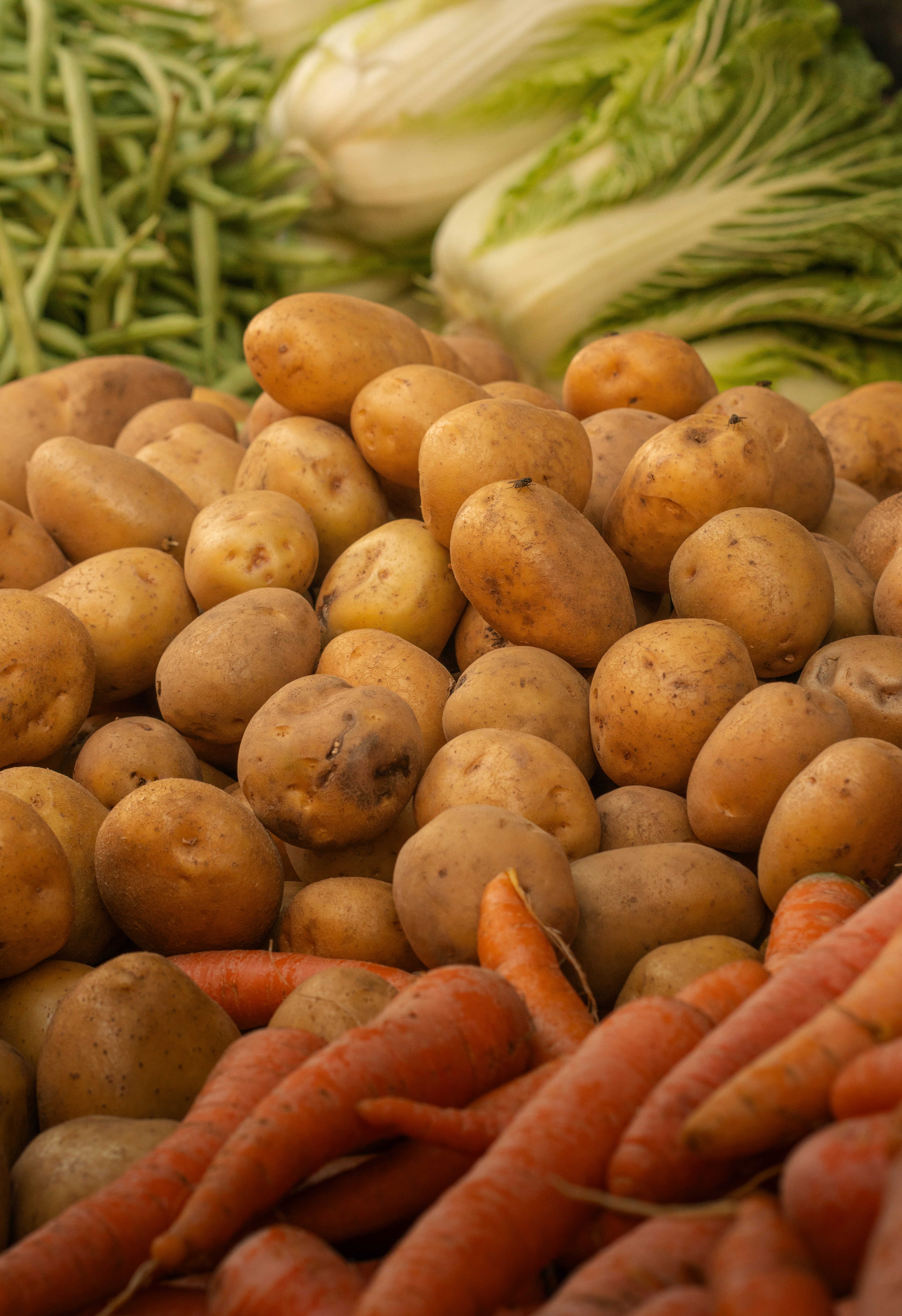 Una pila di patate marroni con carote e verdure a foglia verde al mercato