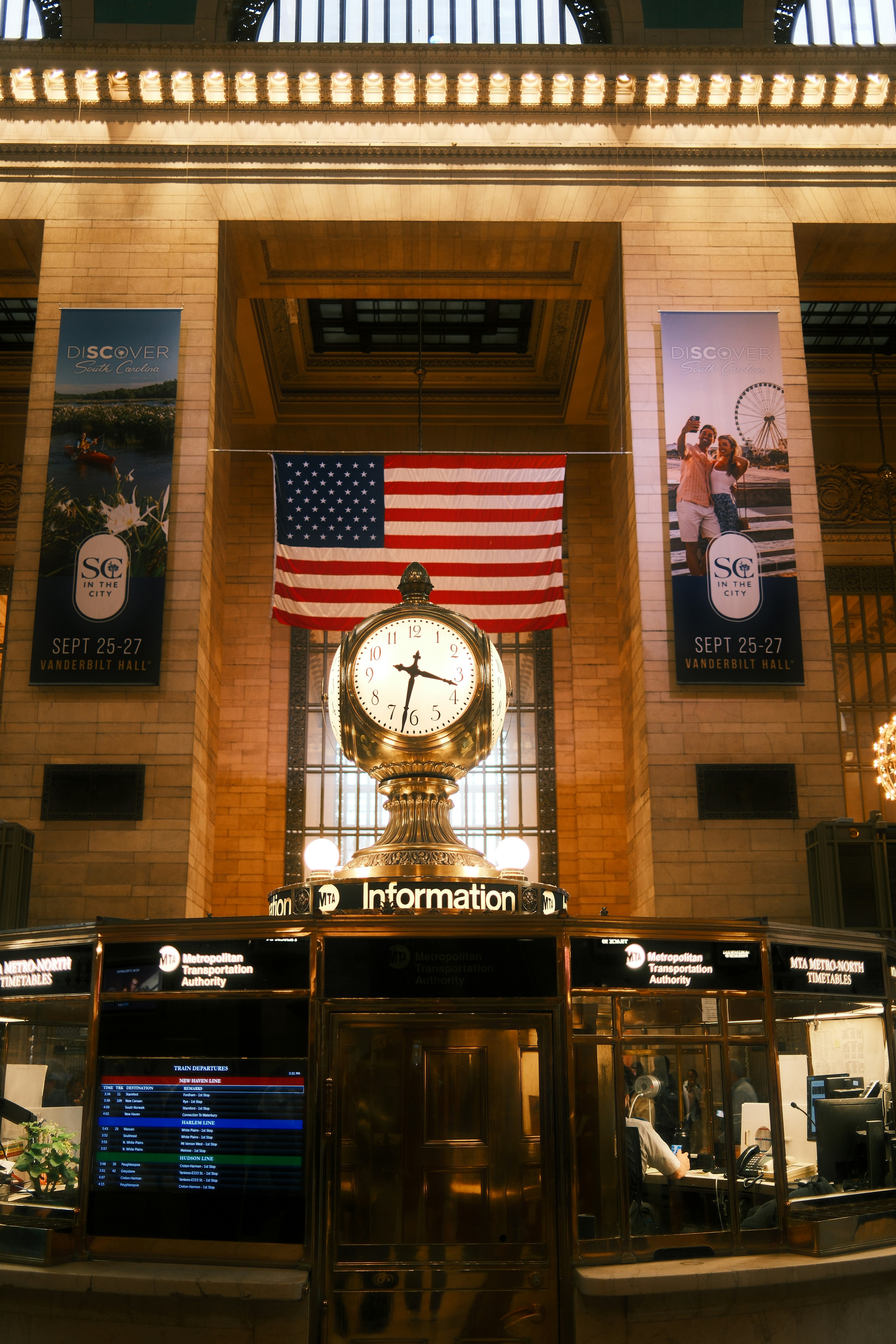 The iconic four-faced brass clock above the information booth in Grand Central Terminal