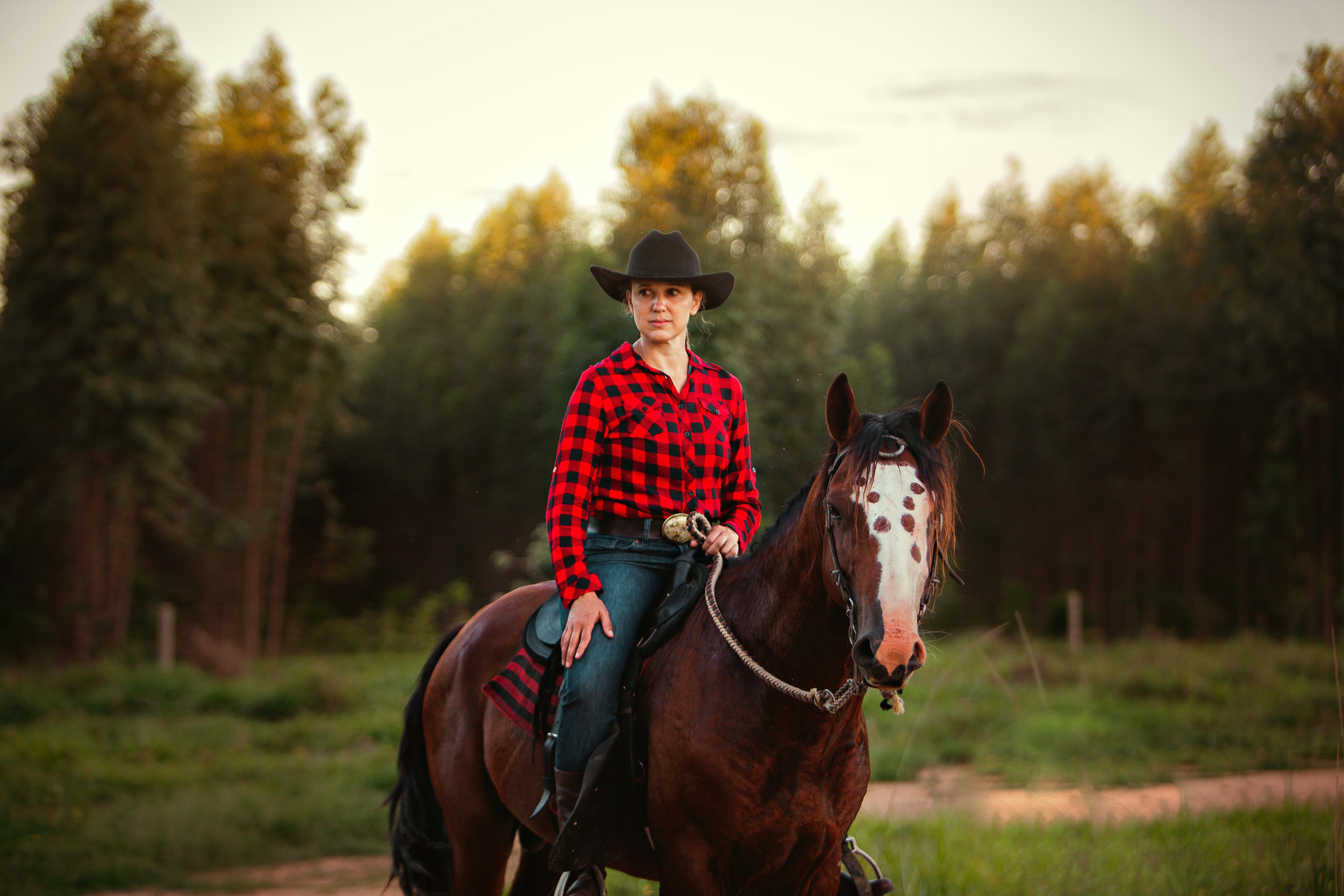 A woman in a black cowboy hat and red plaid shirt riding a horse