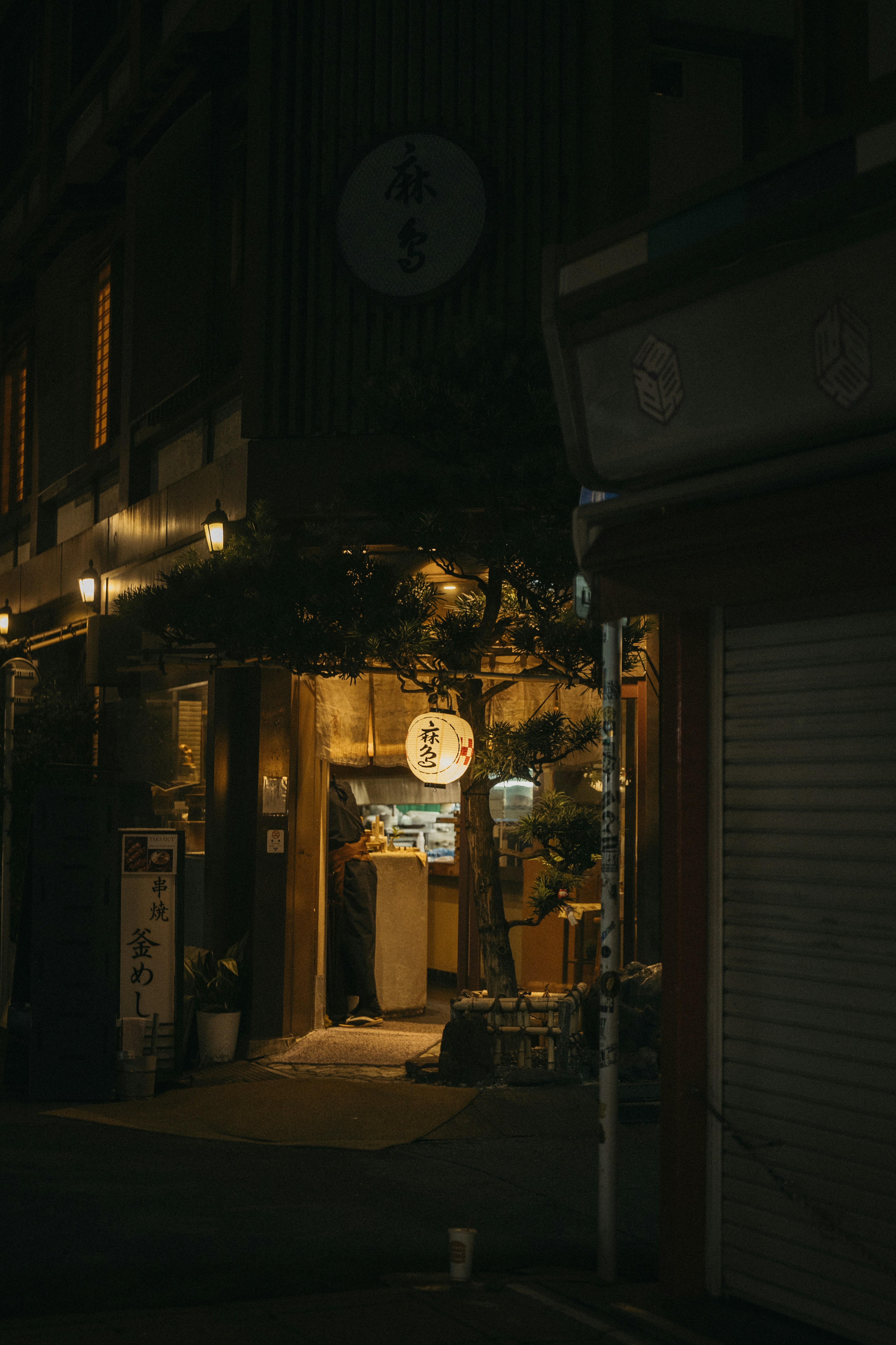 A glowing paper lantern hanging in a tree outside a small Japanese restaurant