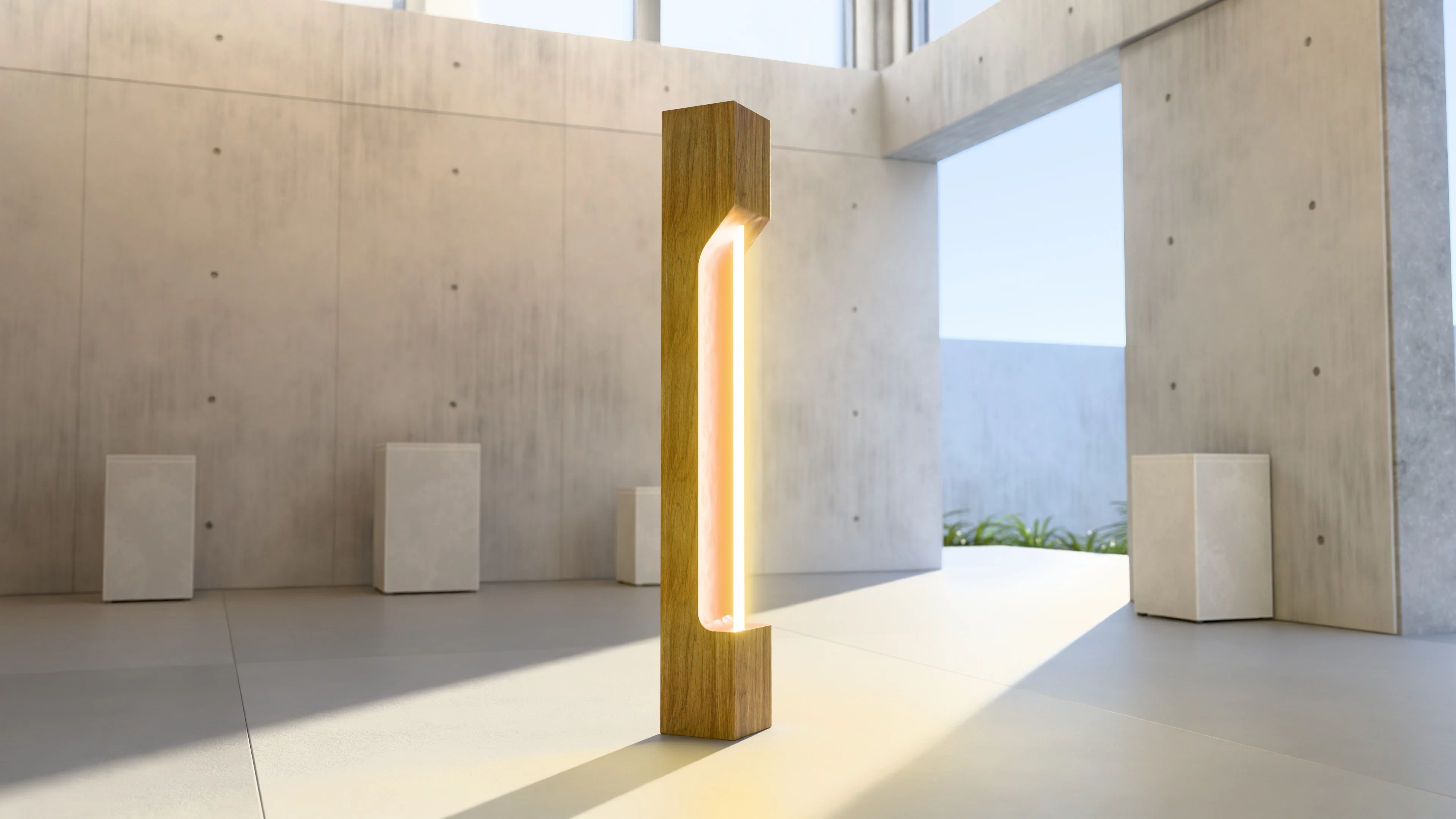 A tall wooden floor lamp with a glowing vertical light strip in a concrete room