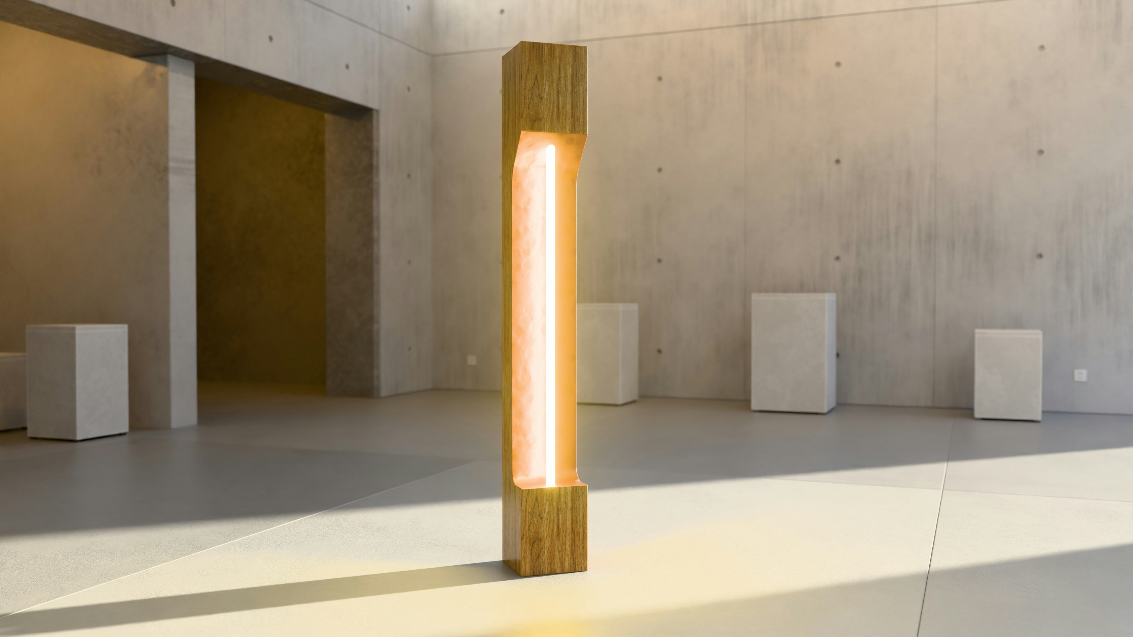 Verticale lichtlijn in een staande armatuur in een betonnen ruimte