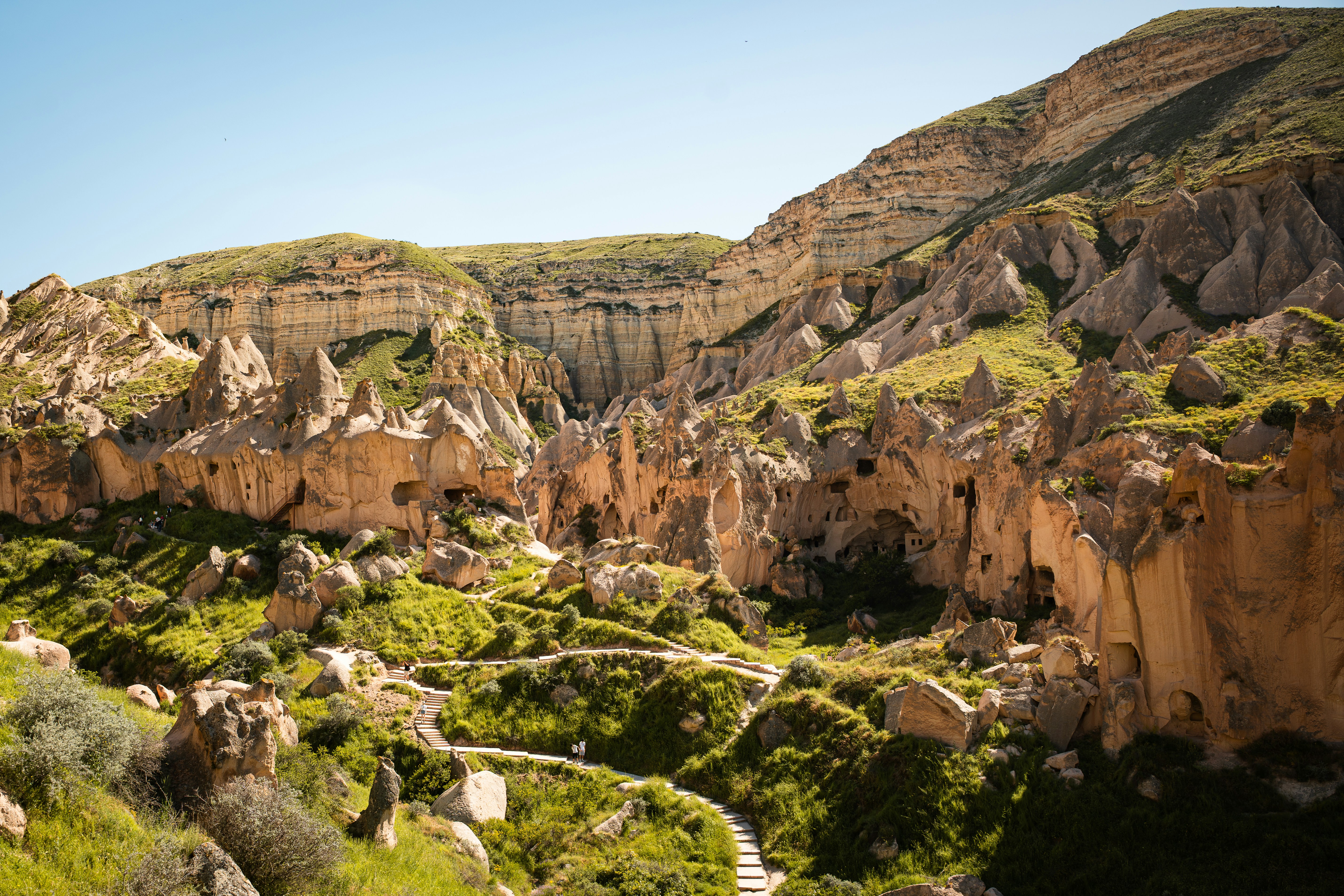 A winding stone path through a green valley with carved rock formations in Cappadocia