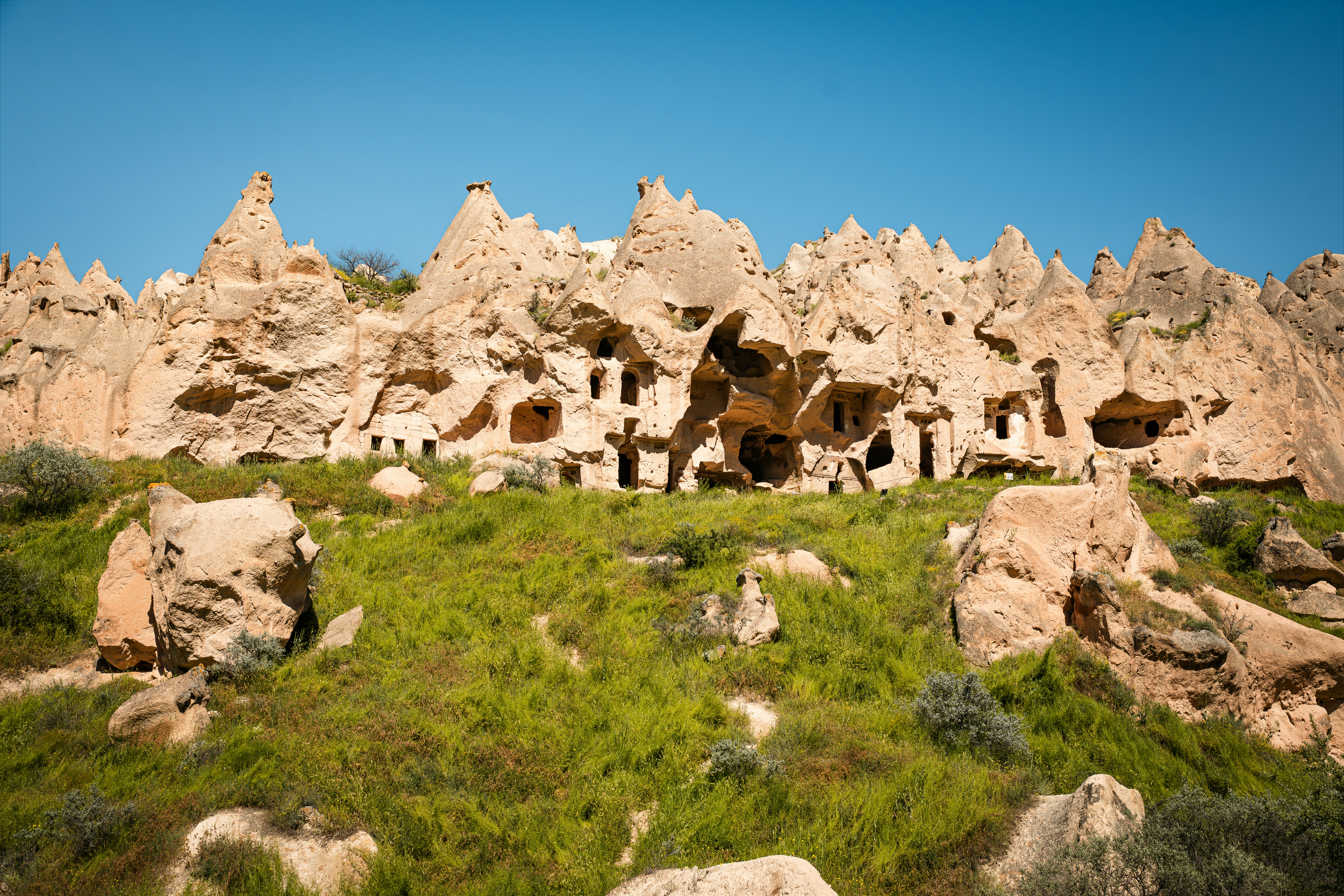 Cave dwellings carved into tan rock formations above a green grassy hillside in Cappadocia