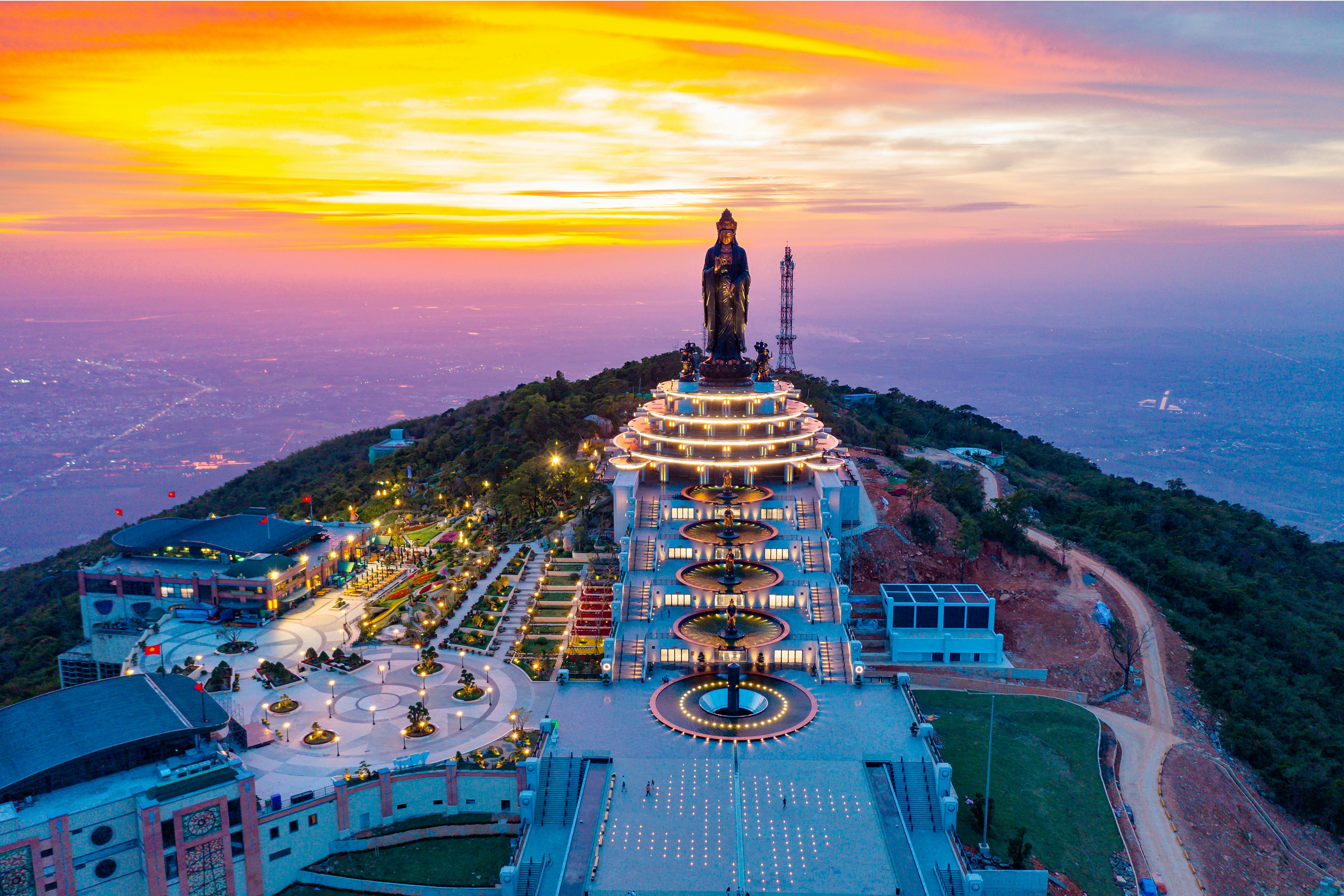 Aerial view of the Lady Buddha statue on Son Tra Mountain in Da Nang, Vietnam
