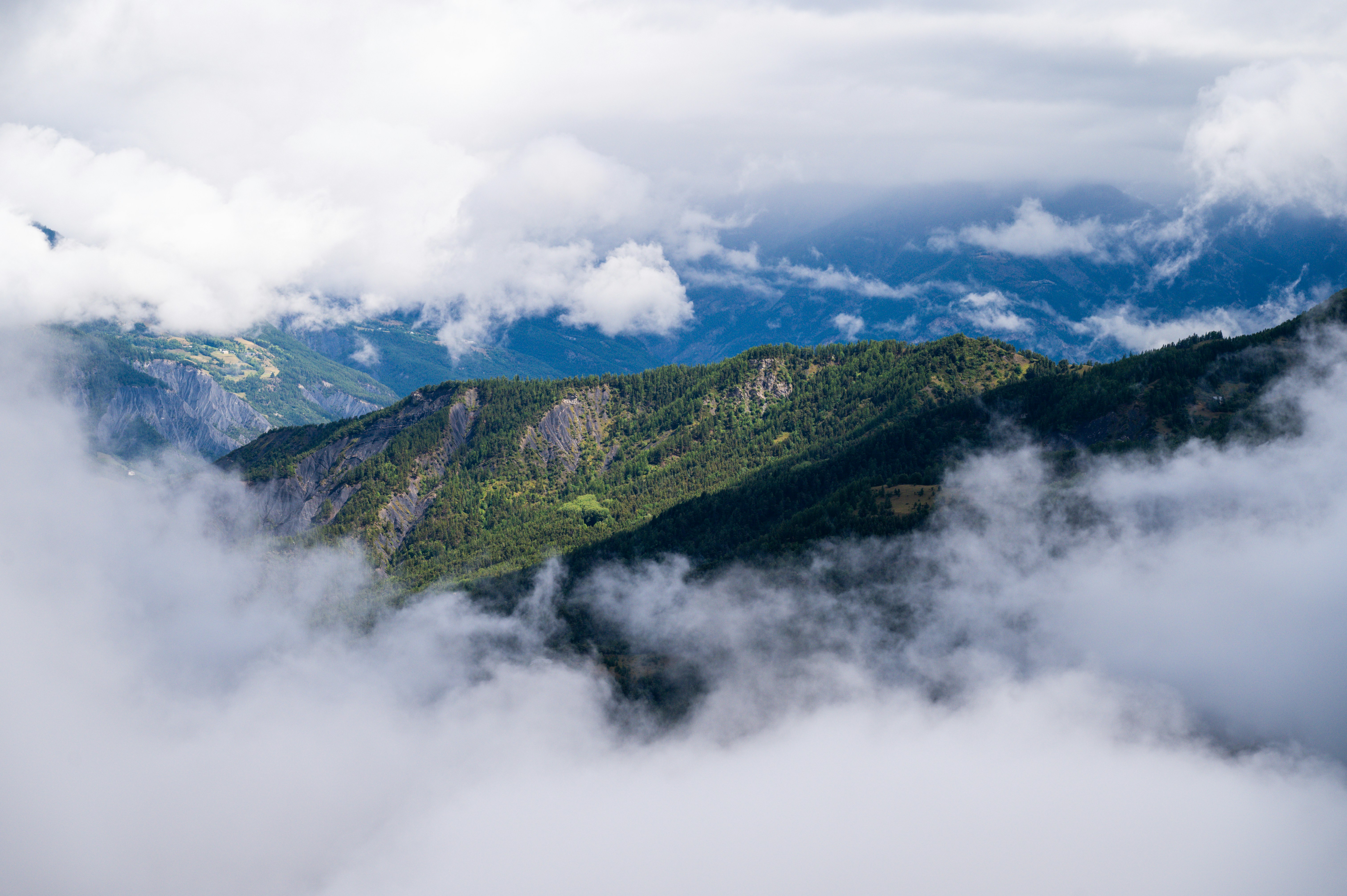 Green forested mountains rising above a thick layer of low white clouds