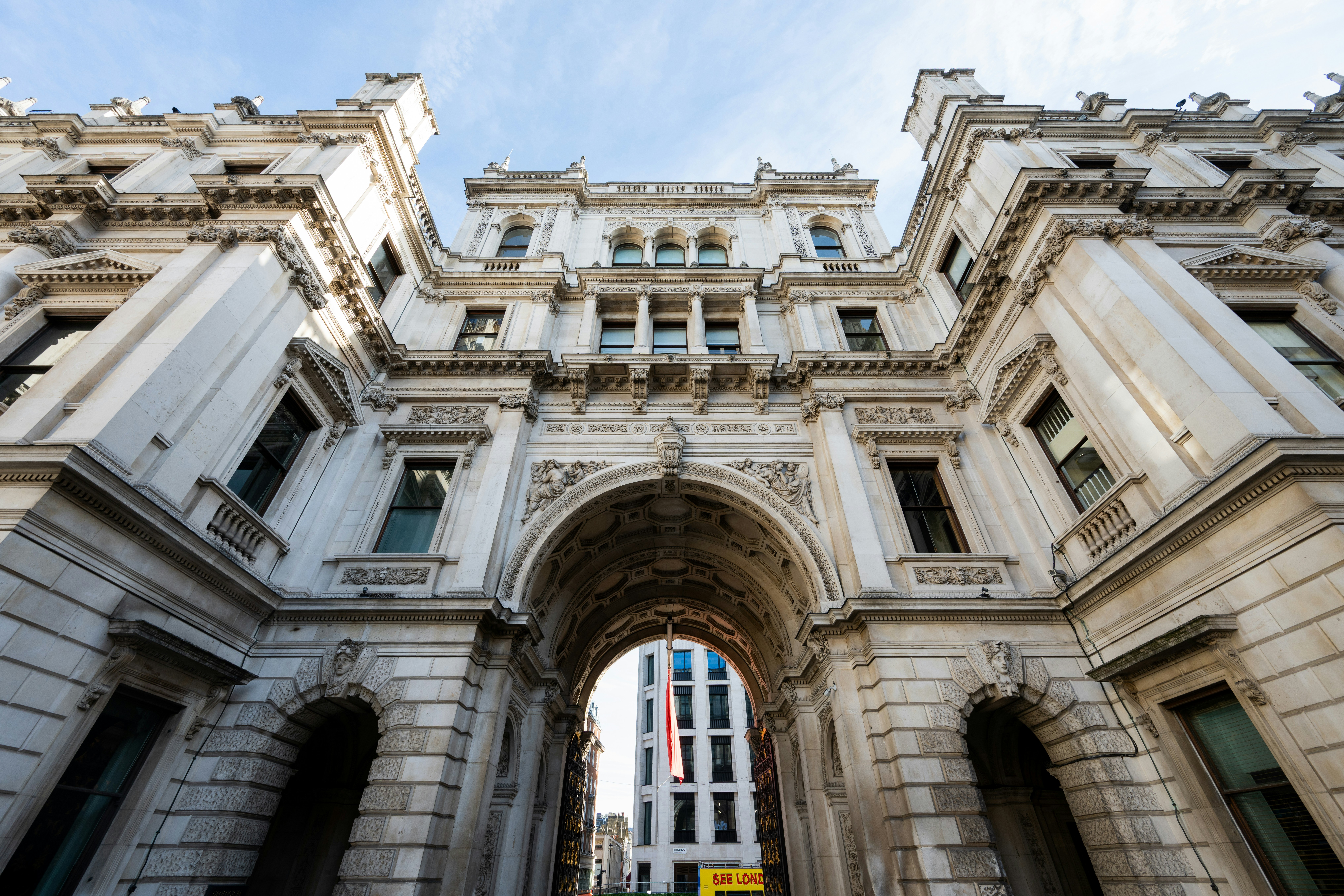 The ornate stone archway of the Foreign and Commonwealth Office in London