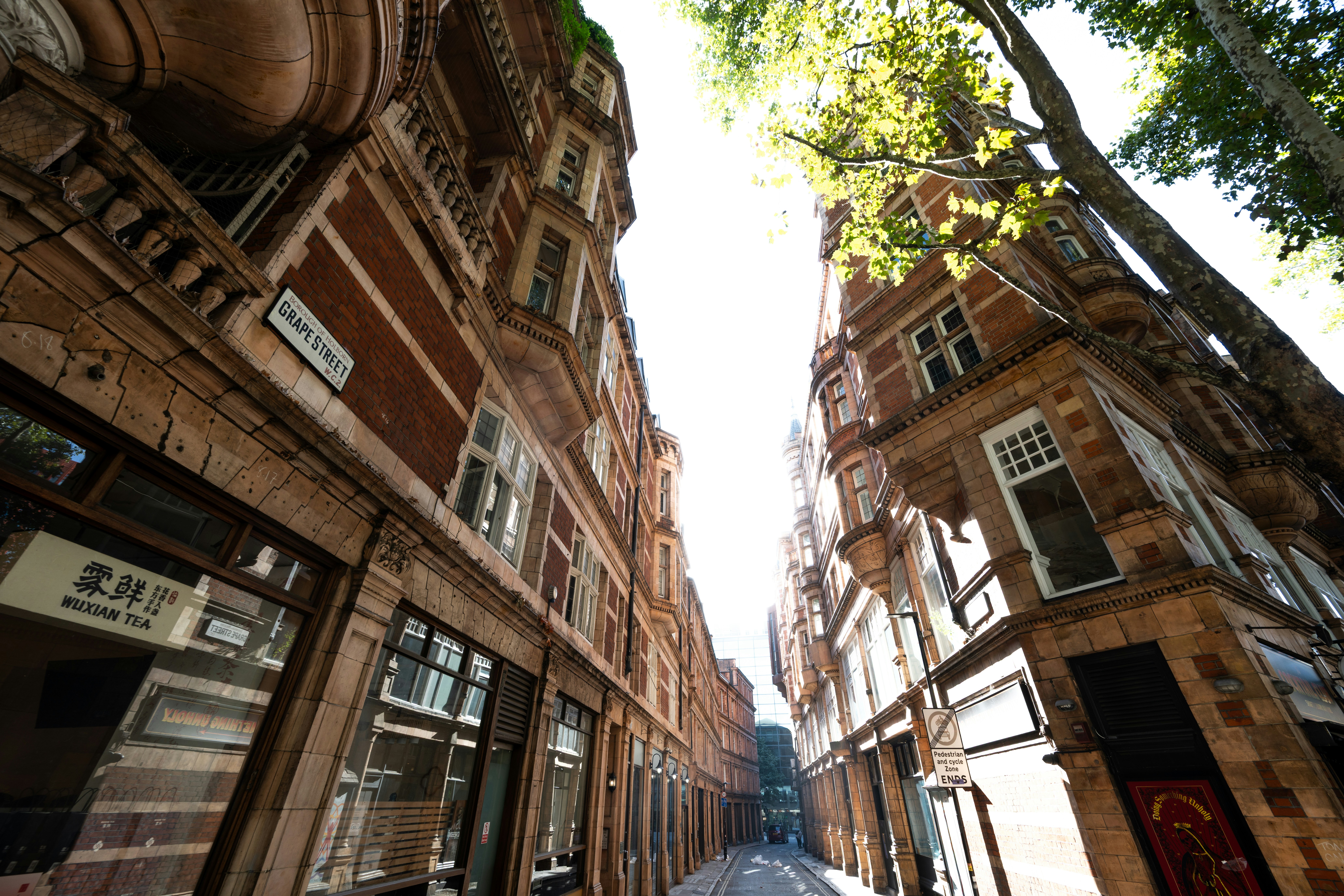 Narrow street with ornate brick buildings and a sign reading Grape Street in London