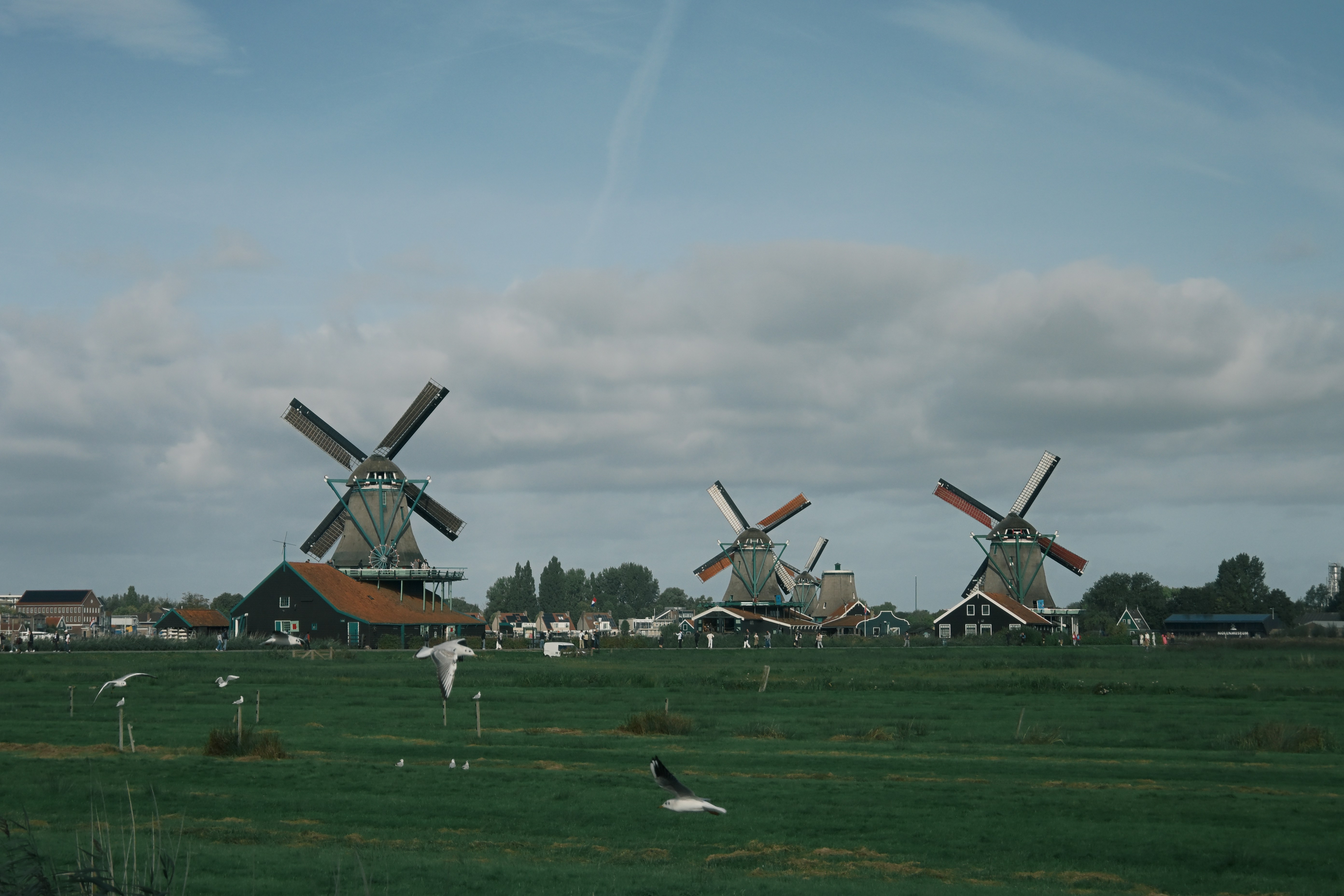 Three traditional windmills in a green field under a cloudy blue sky