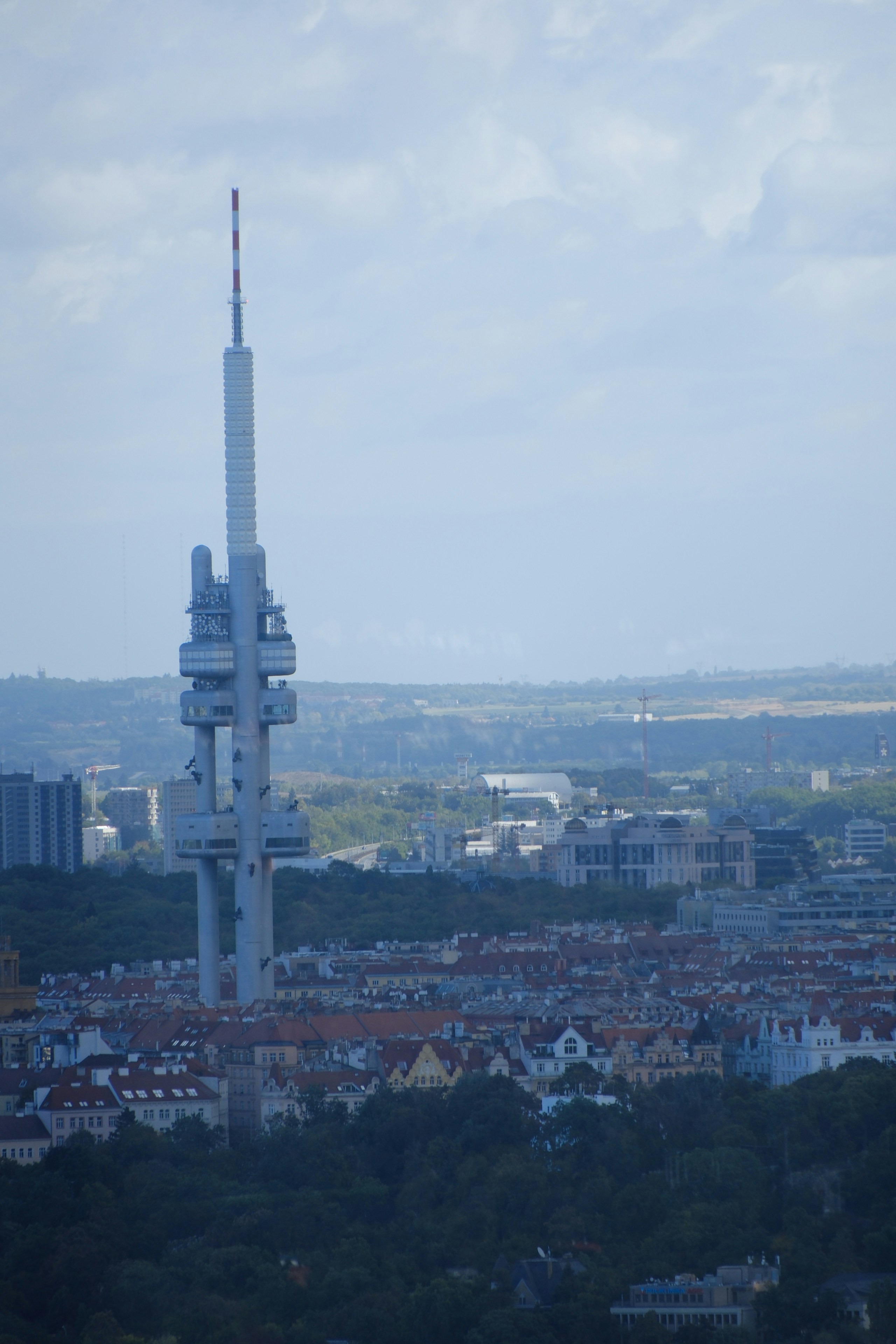 The Zizkov Television Tower rising above the cityscape of Prague in the Czech Republic