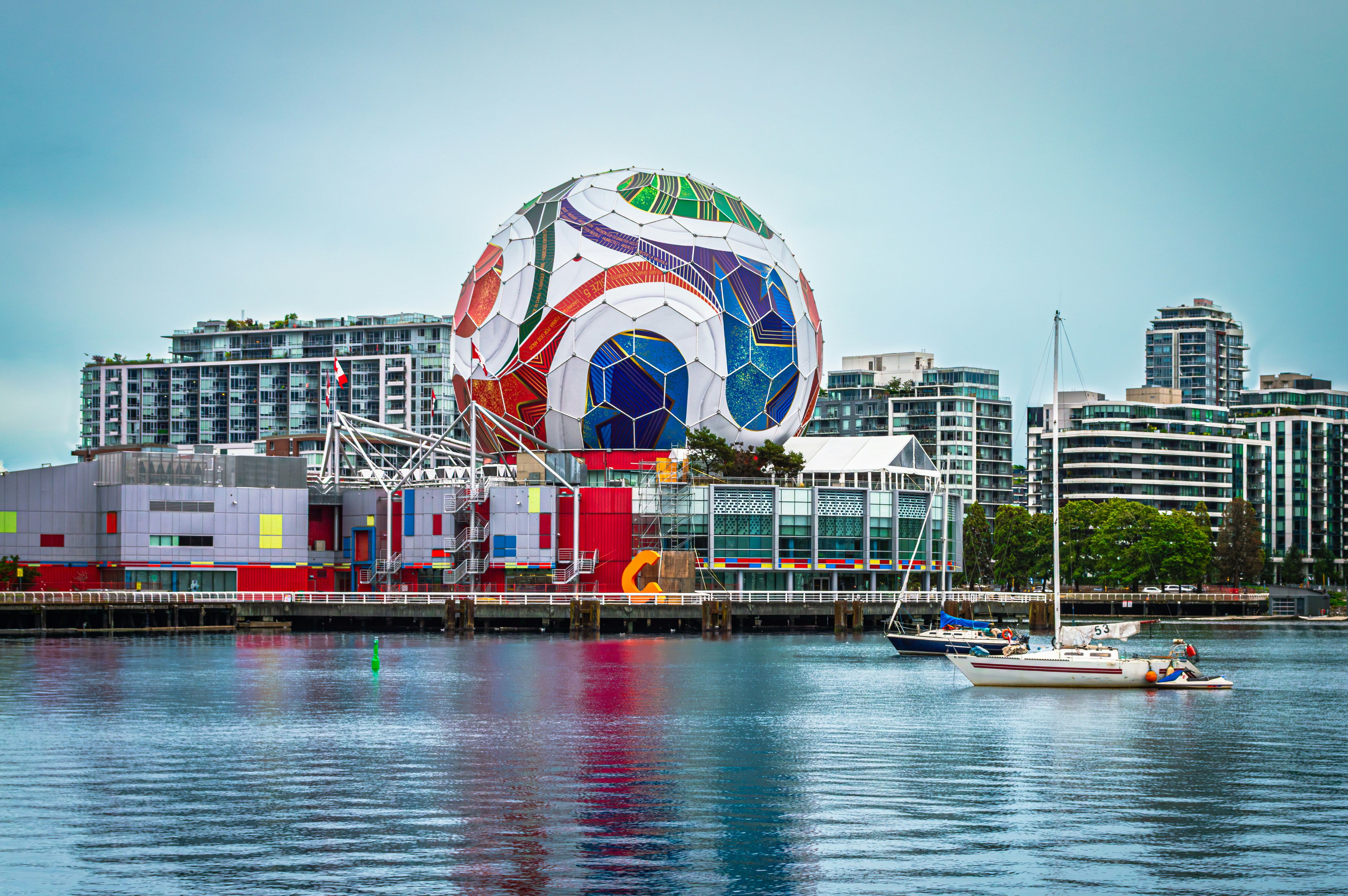 The Science World geodesic dome decorated as a soccer ball in Vancouver
