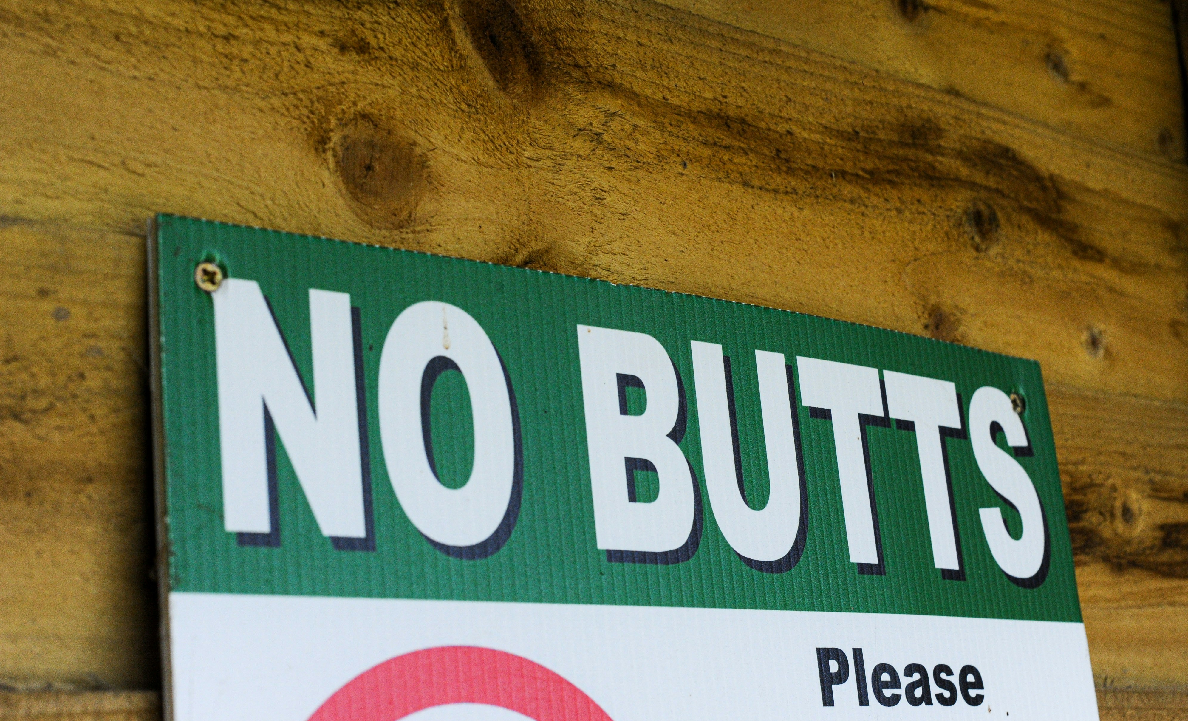 A green sign reading "NO BUTTS" mounted on a rustic wooden wall