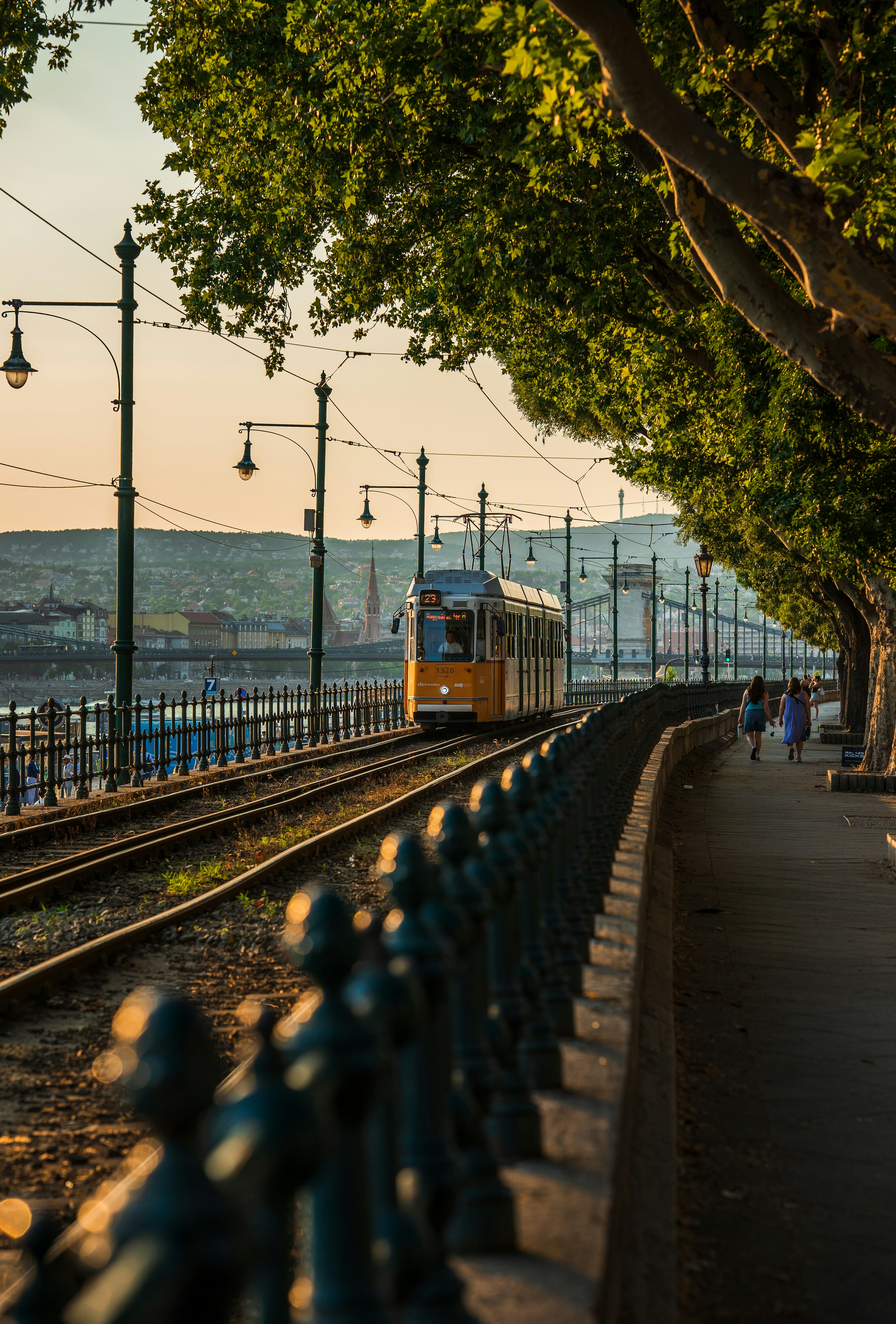 A yellow tram traveling along tracks beside a tree-lined path in Budapest