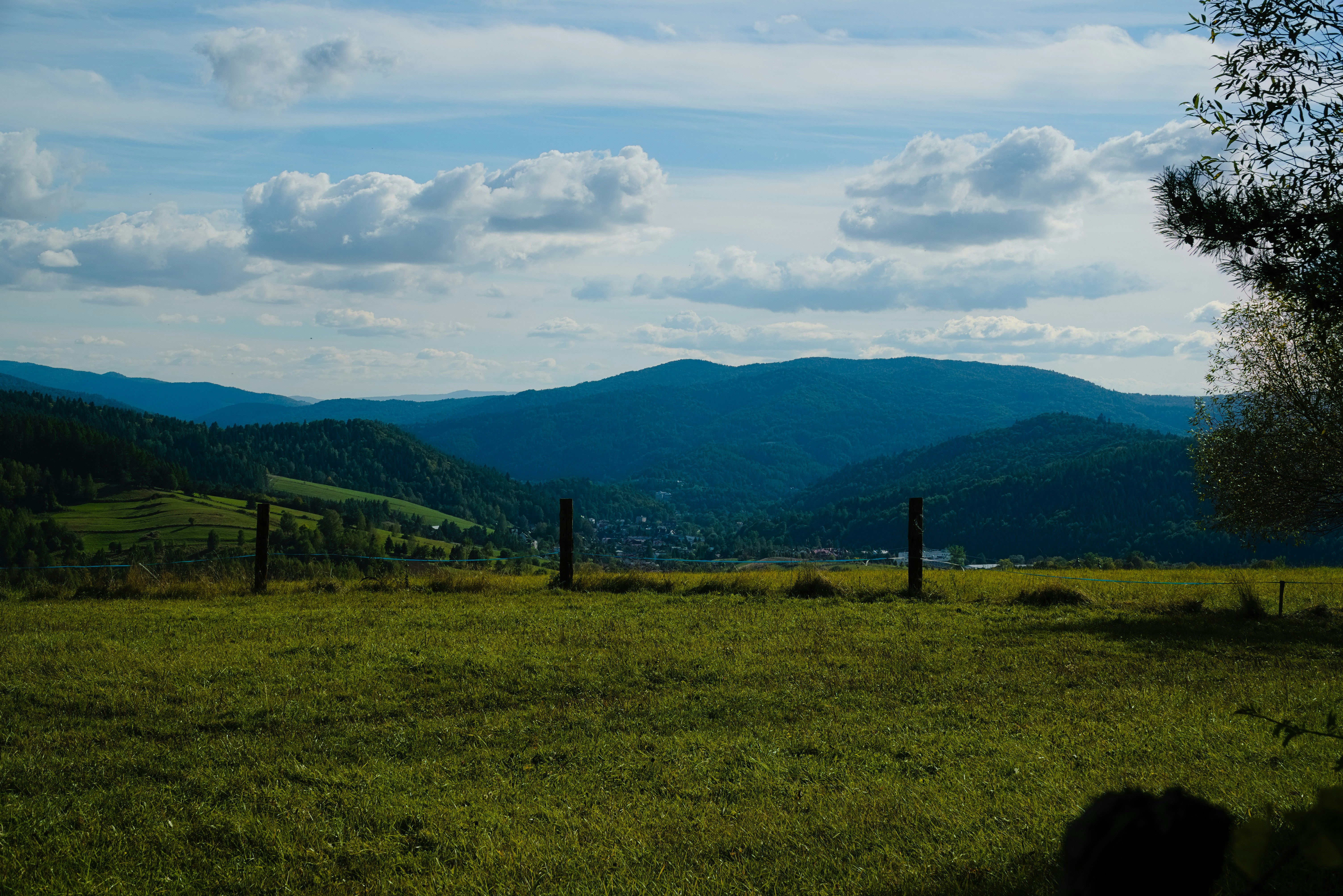 A green meadow with a fence line overlooking distant rolling mountains under a cloudy sky