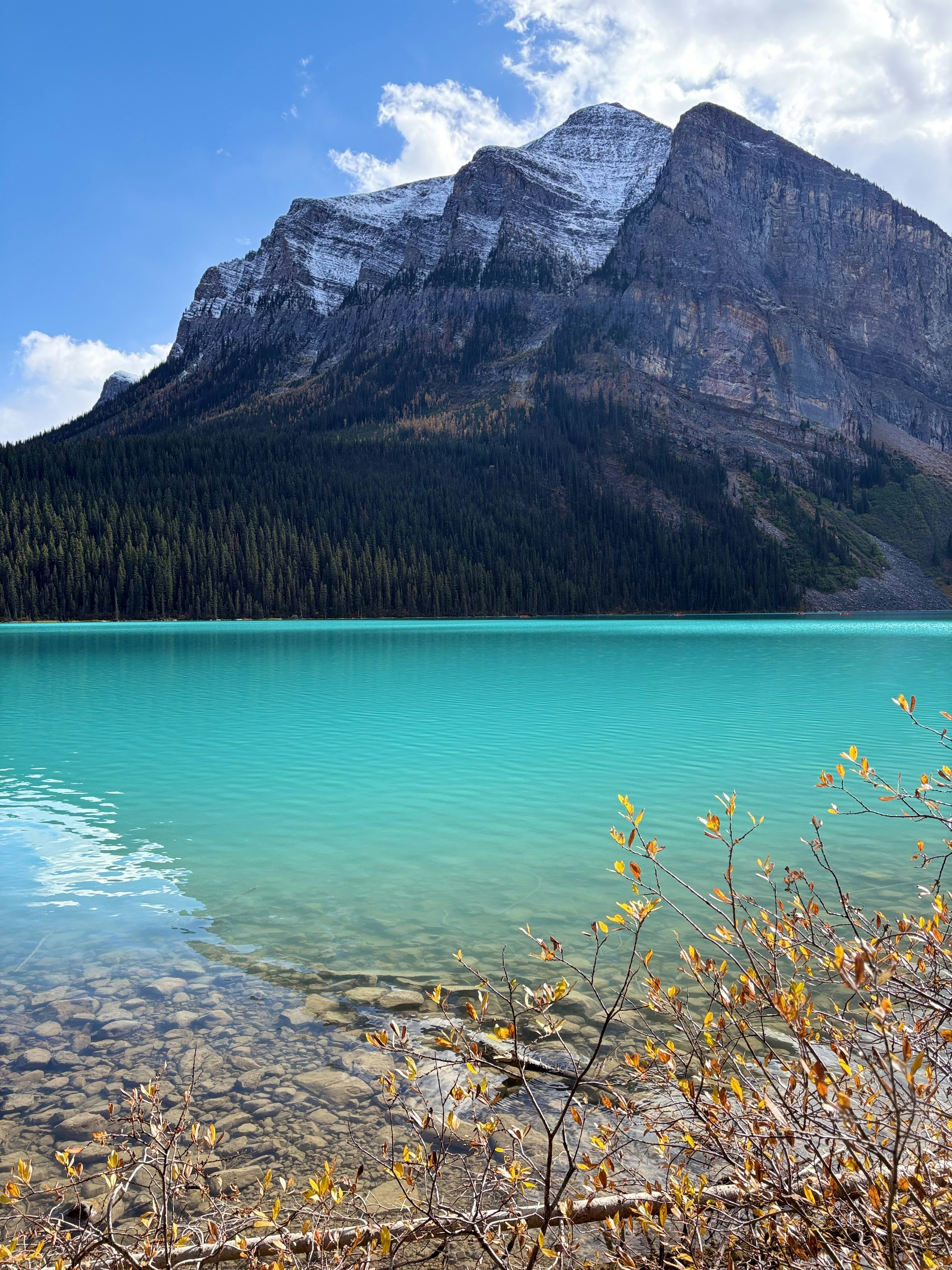 Turquoise glacial lake with a rocky shore and a snow-capped mountain in the background