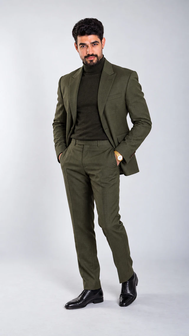 Man wearing an olive green suit with a turtleneck — AI virtual try-on preview