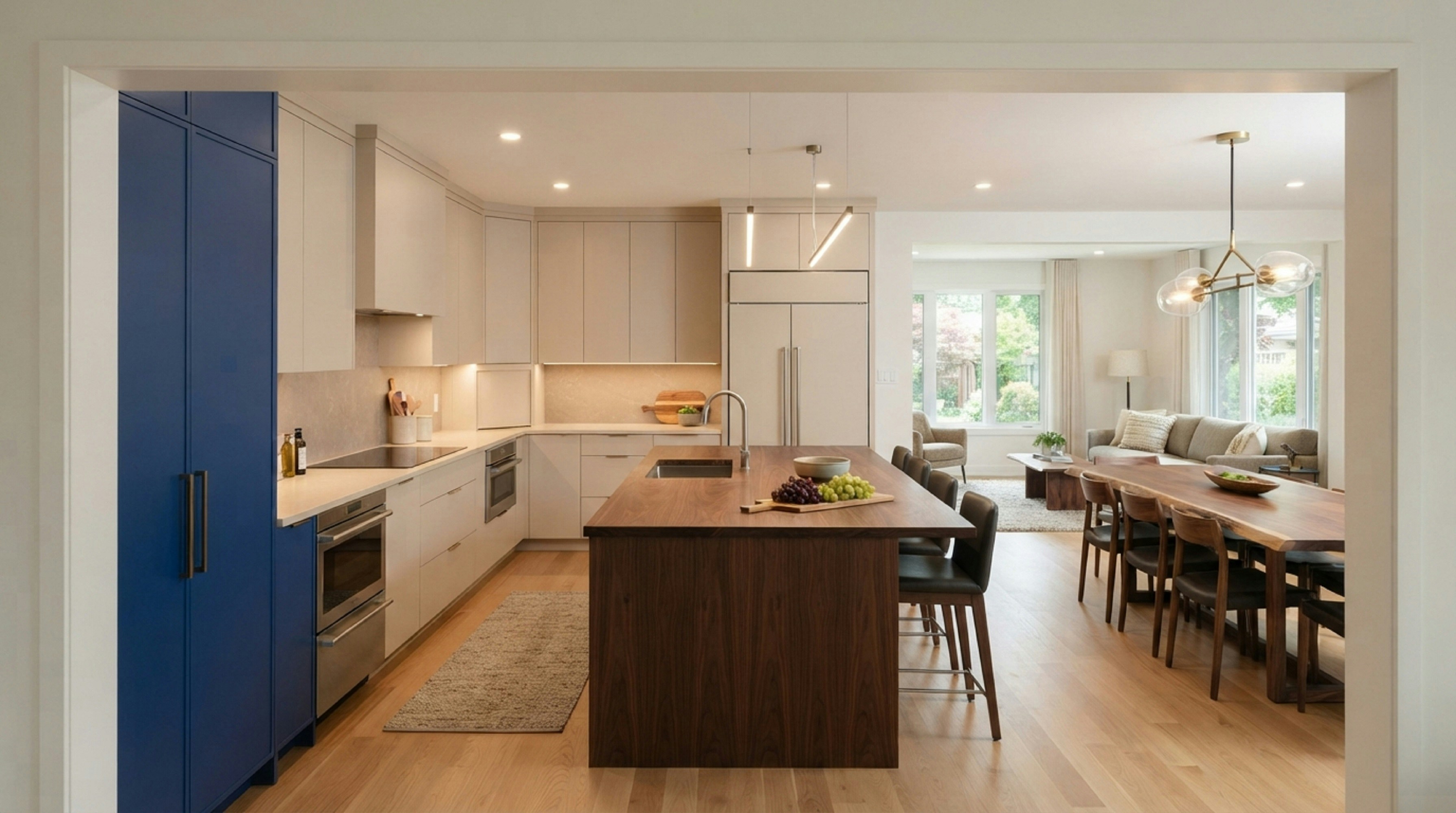 A modern open-concept kitchen with a dark wood island and adjoining dining area