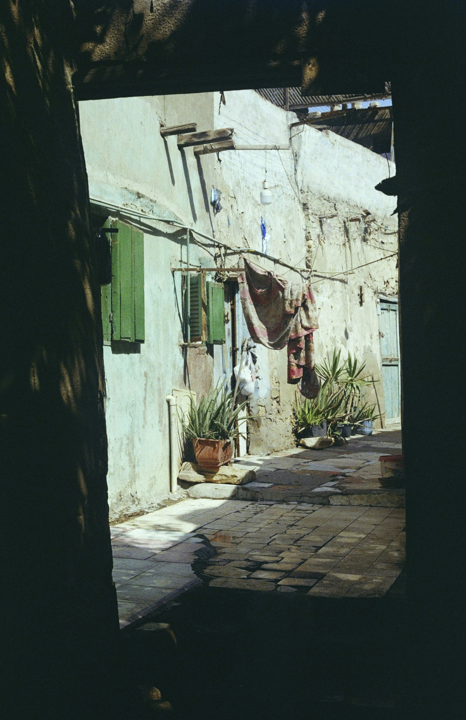 A narrow alleyway with potted aloe plants and laundry hanging against a weathered wall