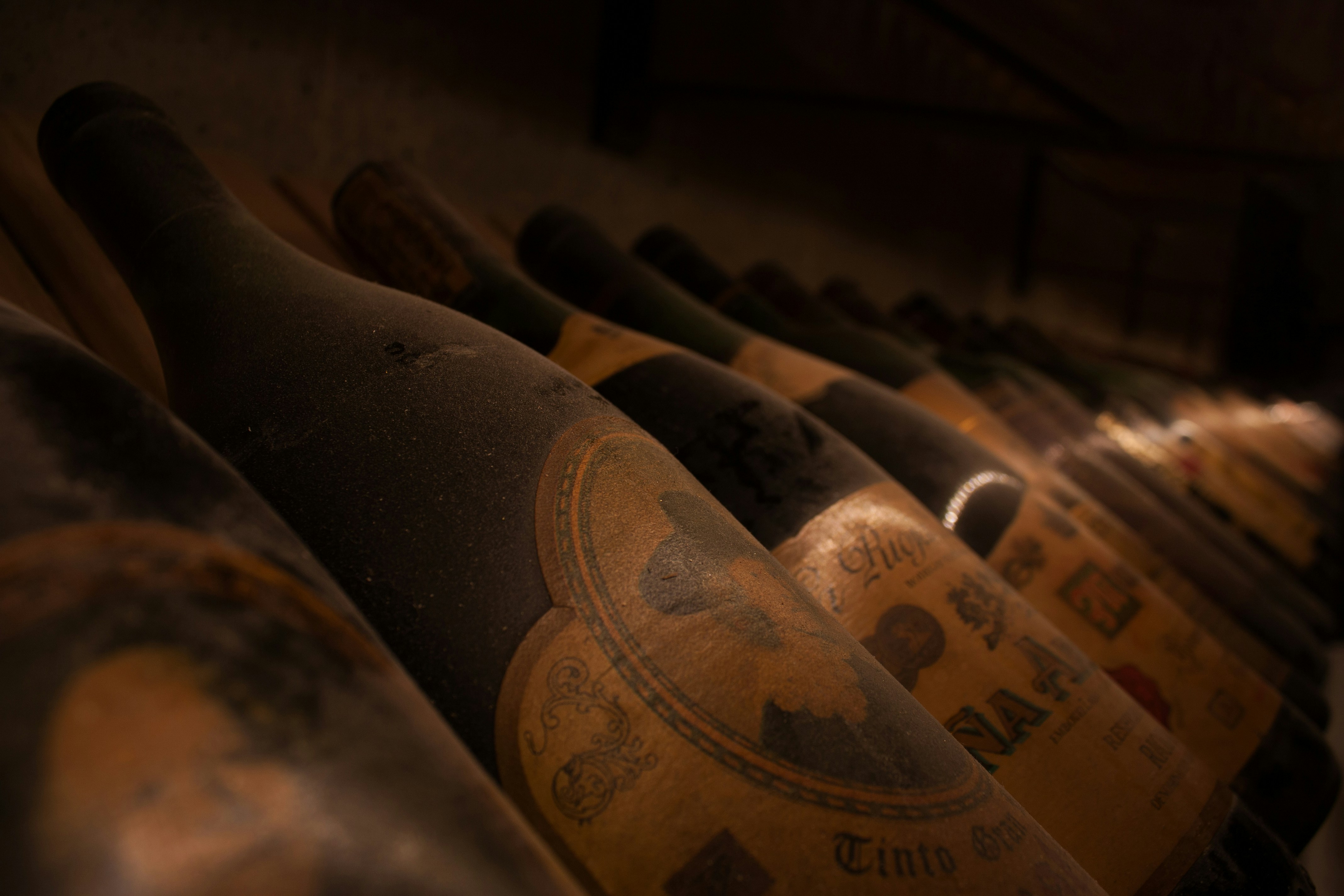Dusty wine bottles with vintage labels resting on a wooden rack in a cellar