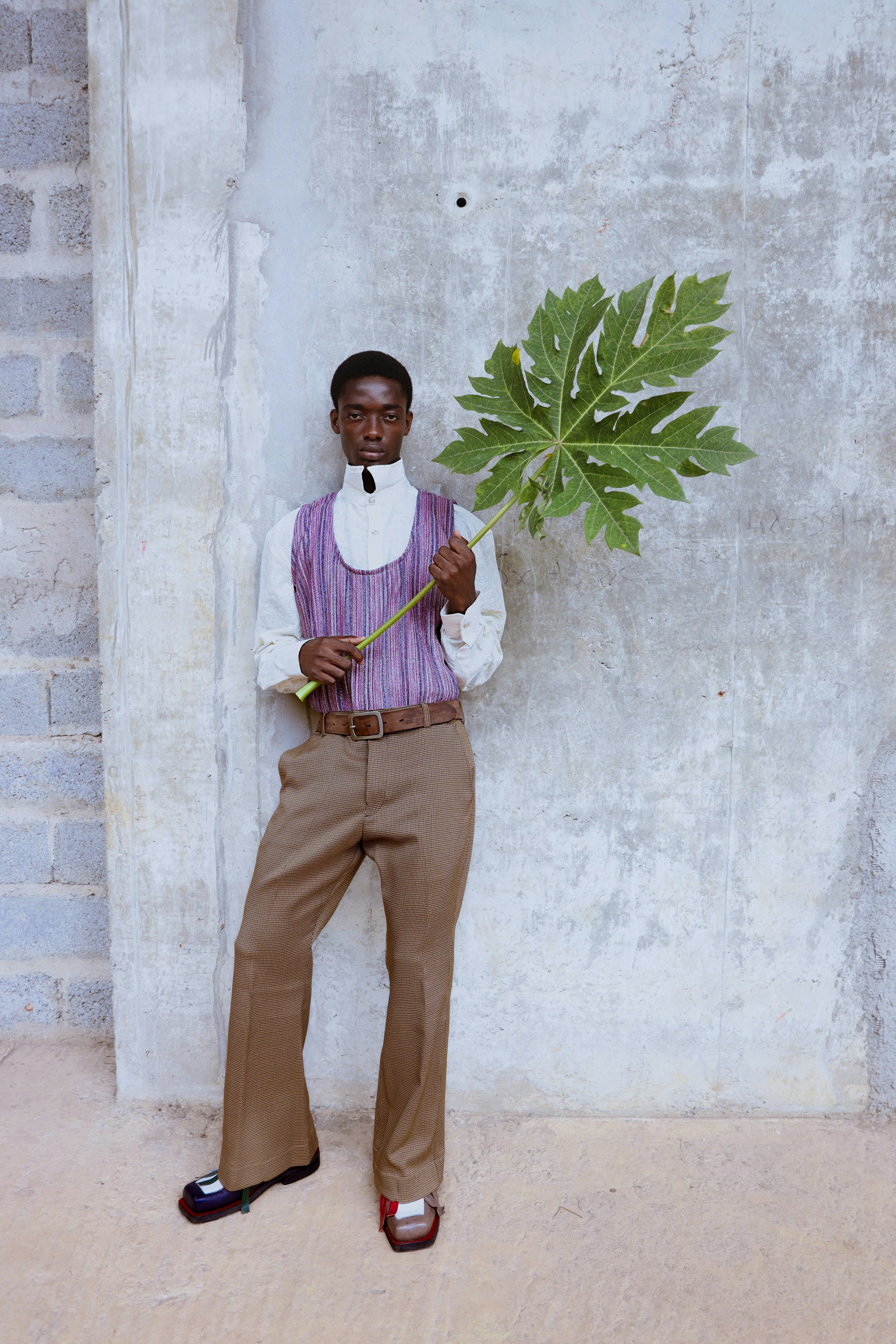 A man in a purple vest and tan trousers holding a large green leaf