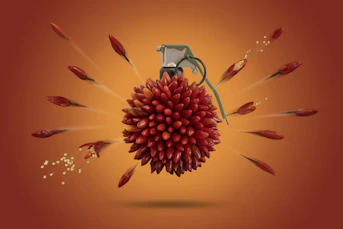 A hand grenade shaped like a cluster of red chili peppers exploding outward