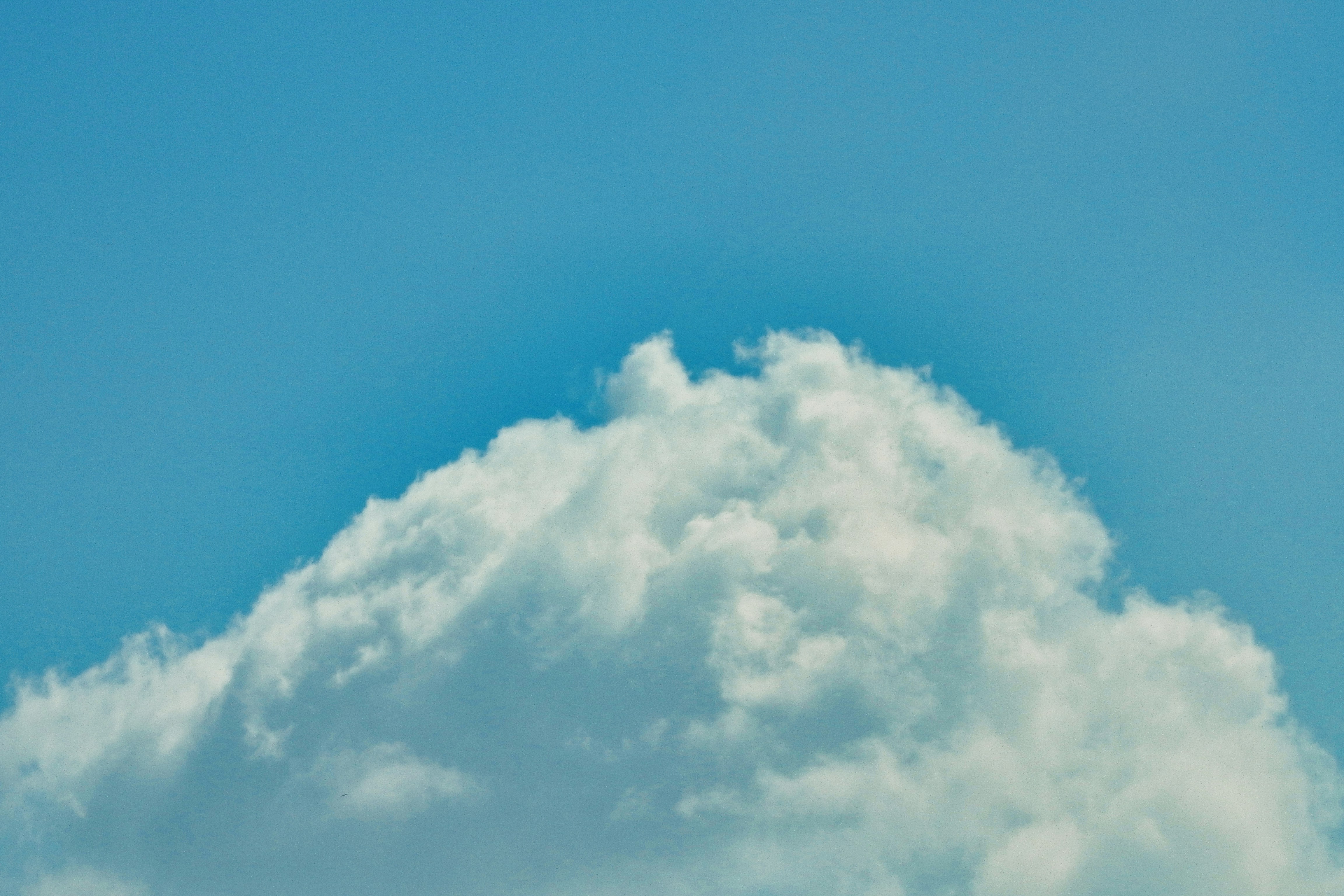 A single fluffy white cloud against a clear blue sky