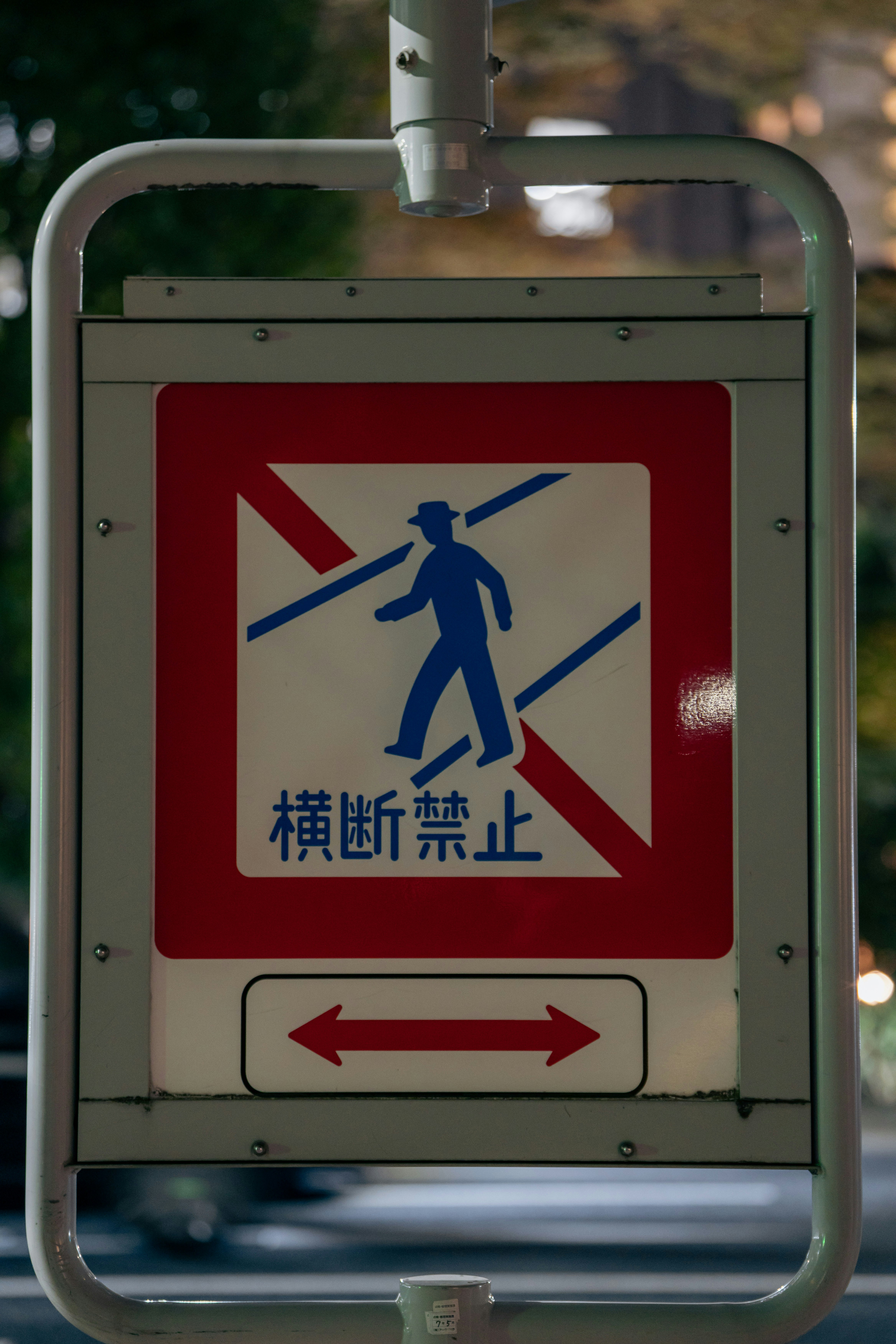 青い歩行者アイコンと赤い斜め線が描かれた日本の横断禁止標識