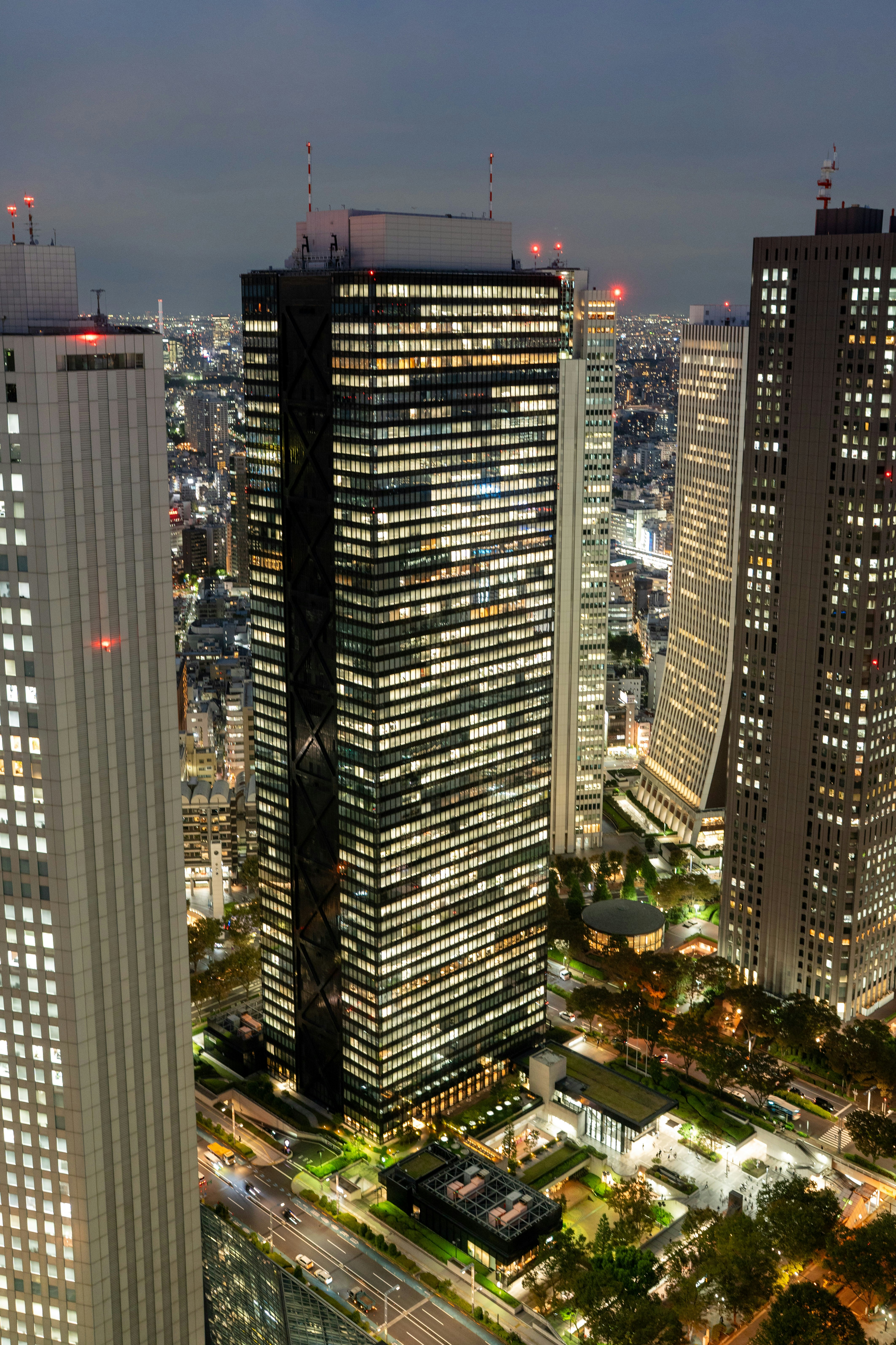 新宿の夜の明かりに照らされた高層ビル群の空撮写真、下に街灯が灯る