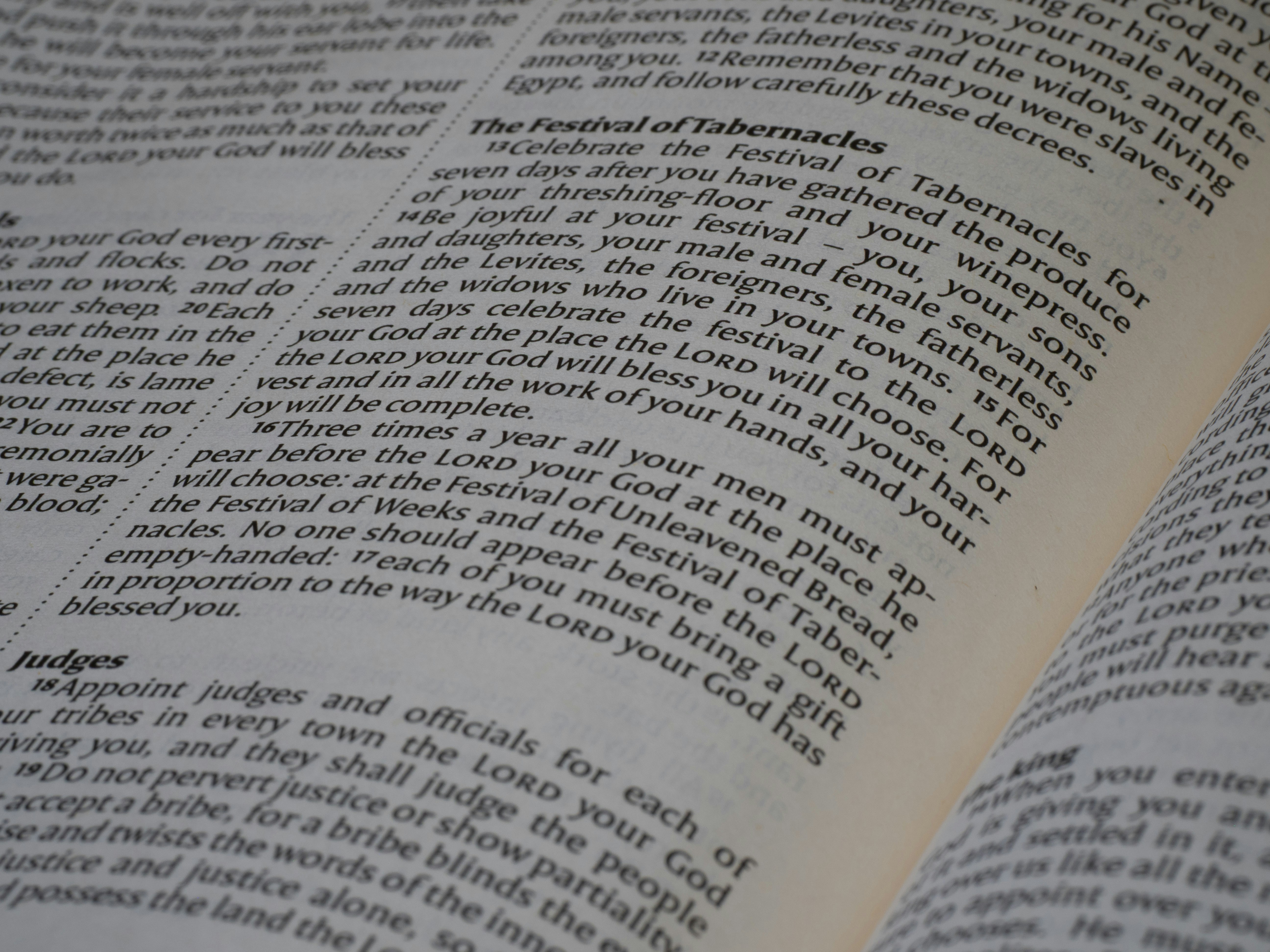 Close-up of printed text on a page from the book of Deuteronomy
