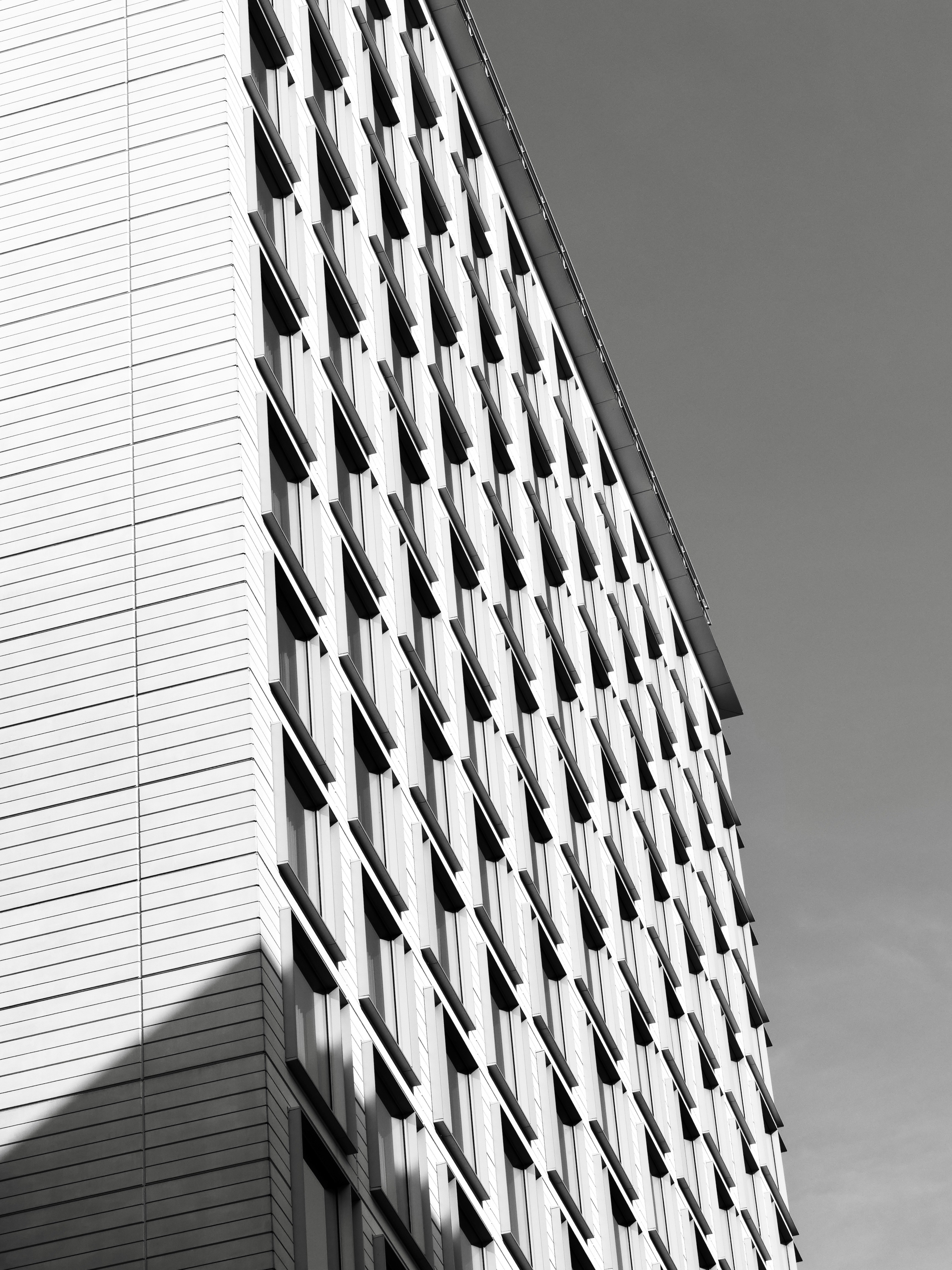 A black and white view of a modern building facade with repeating windows