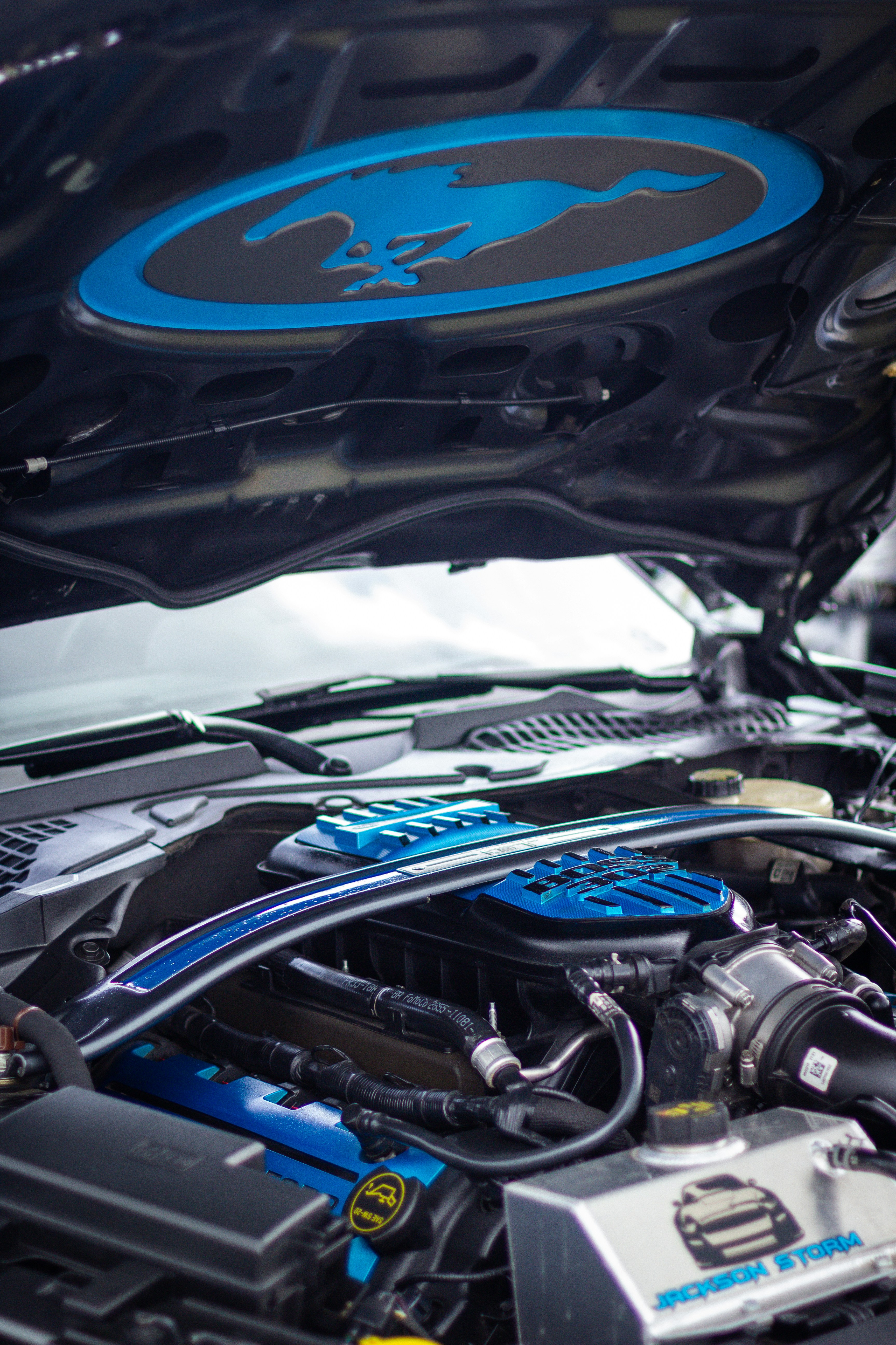 Car engine with blue Mustang logo - Free Photo on Unsplash