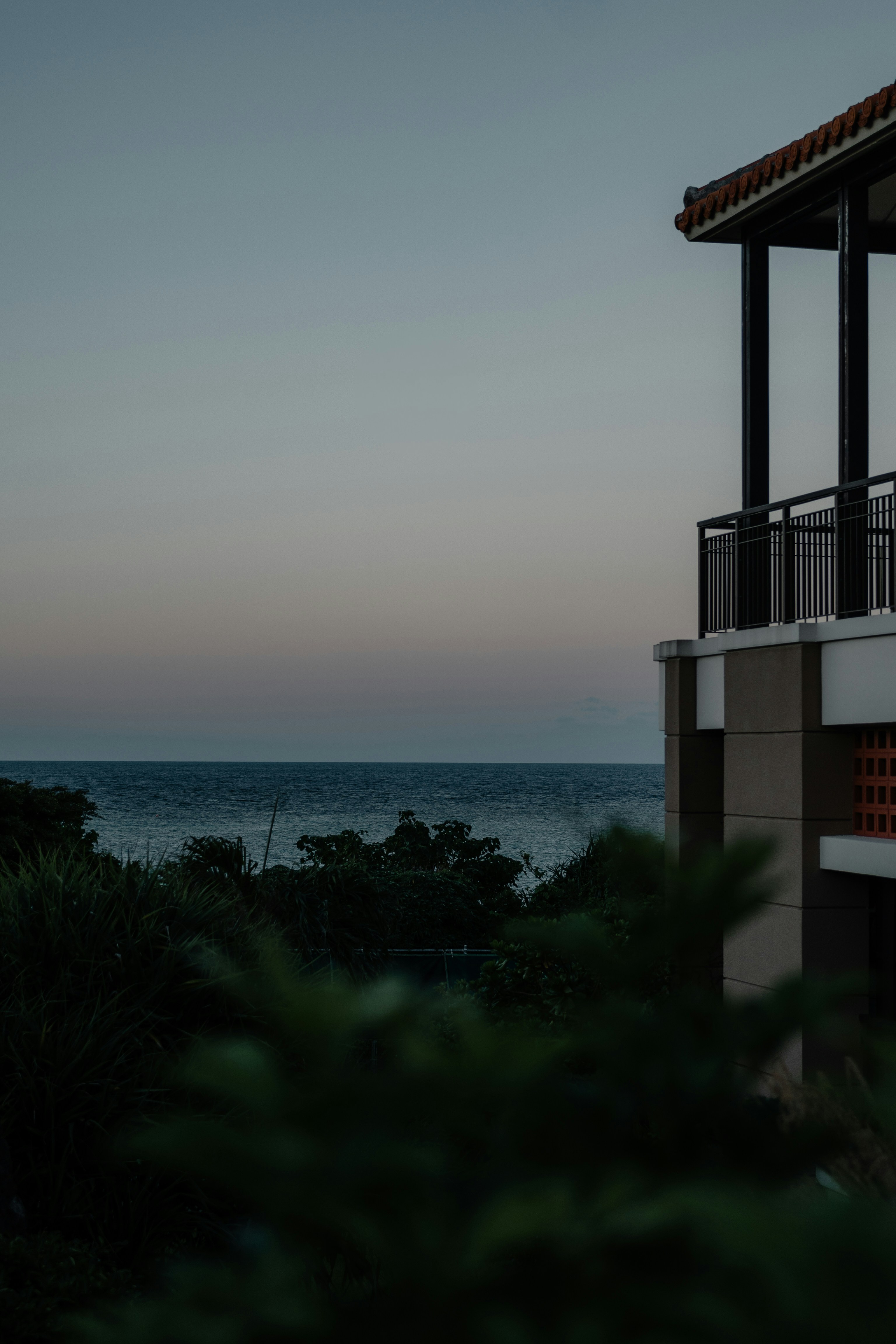 Ein Balkon mit Blick auf das Meer bei schwachem Licht und dunklem Laub im Vordergrund