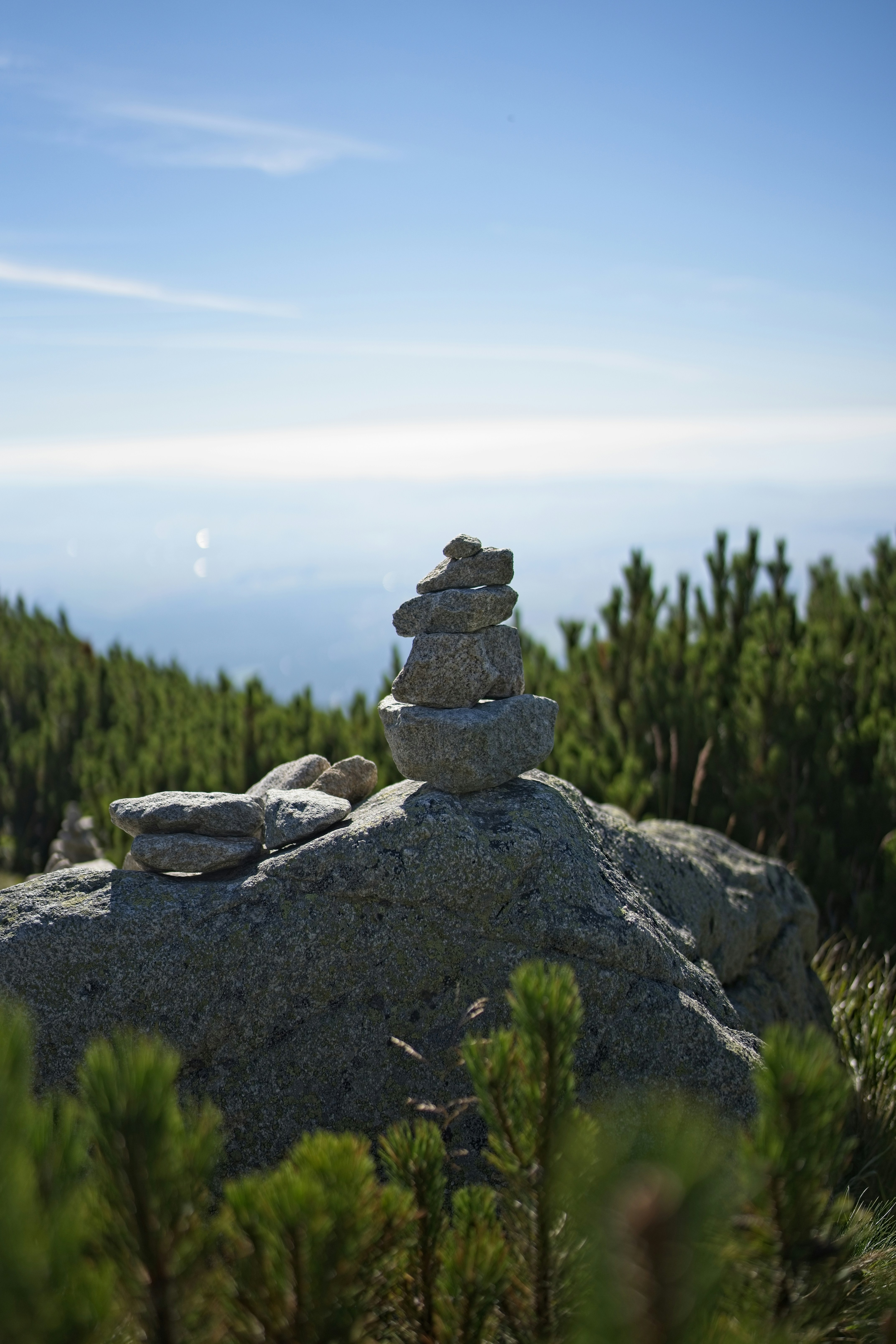A small stone cairn balanced on a large boulder among green mountain pines