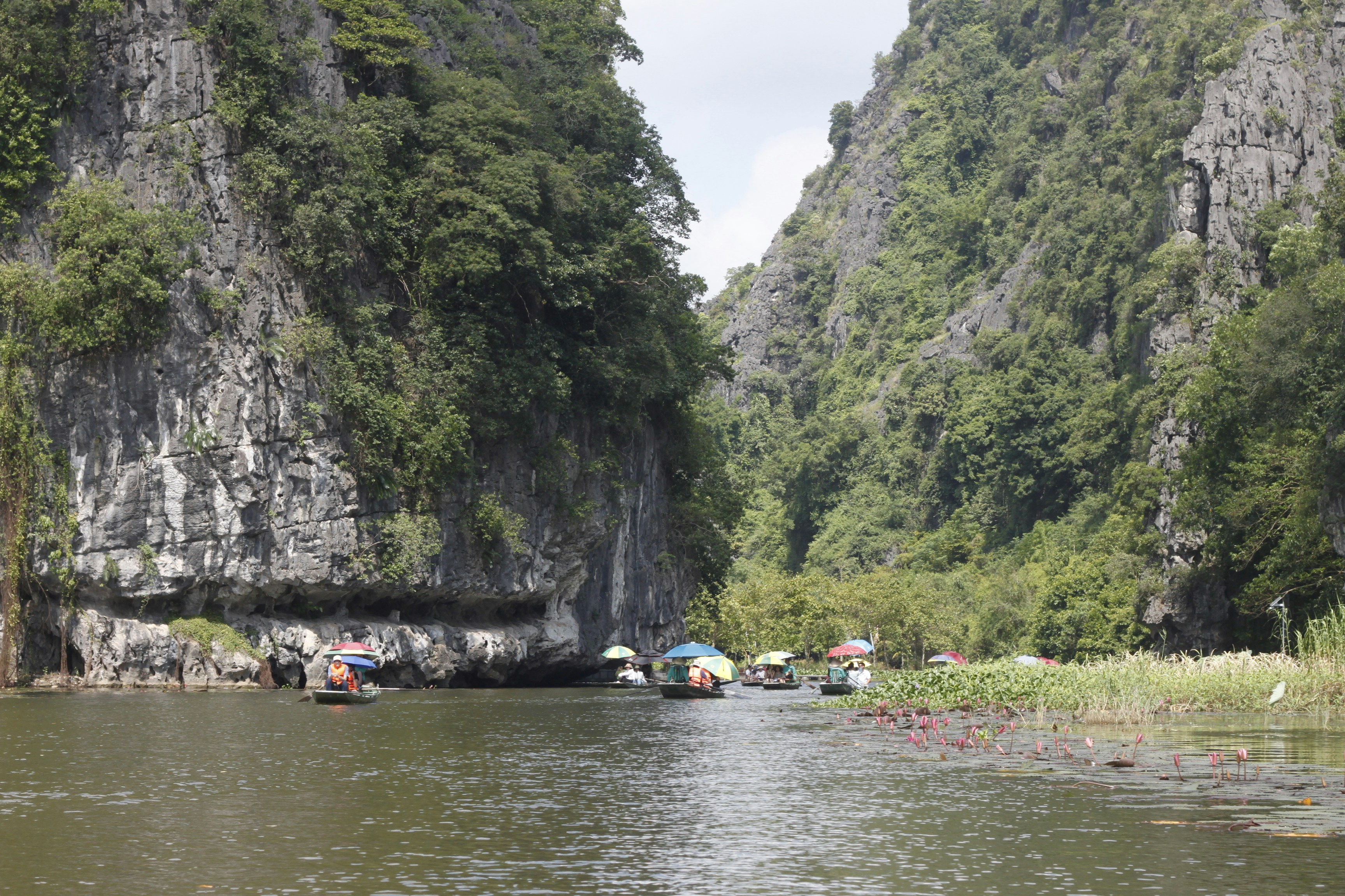 Small boats with colorful umbrellas on a river between towering limestone cliffs