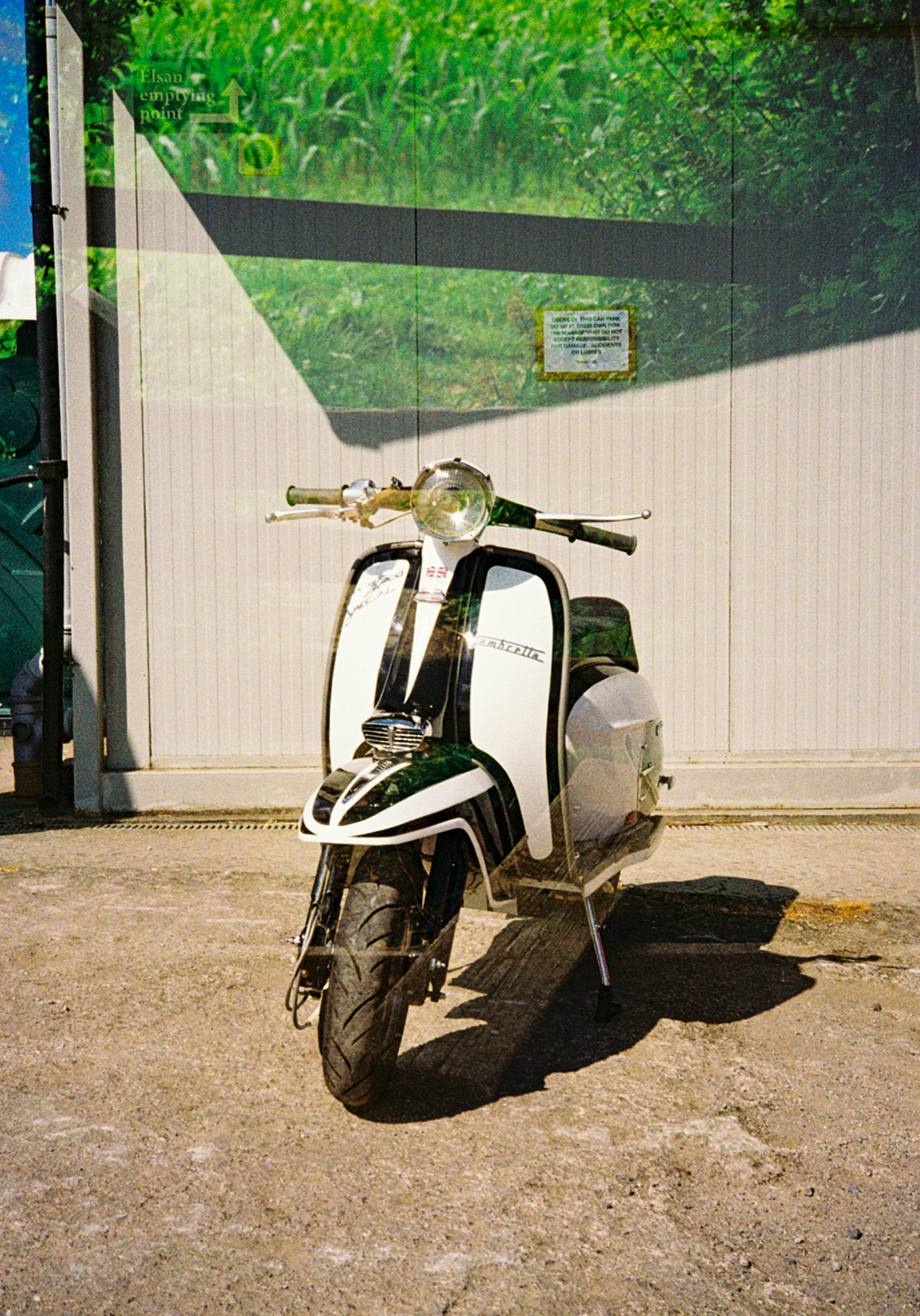 Uma dupla exposição de uma scooter Lambretta branca e folhagem verde no concreto