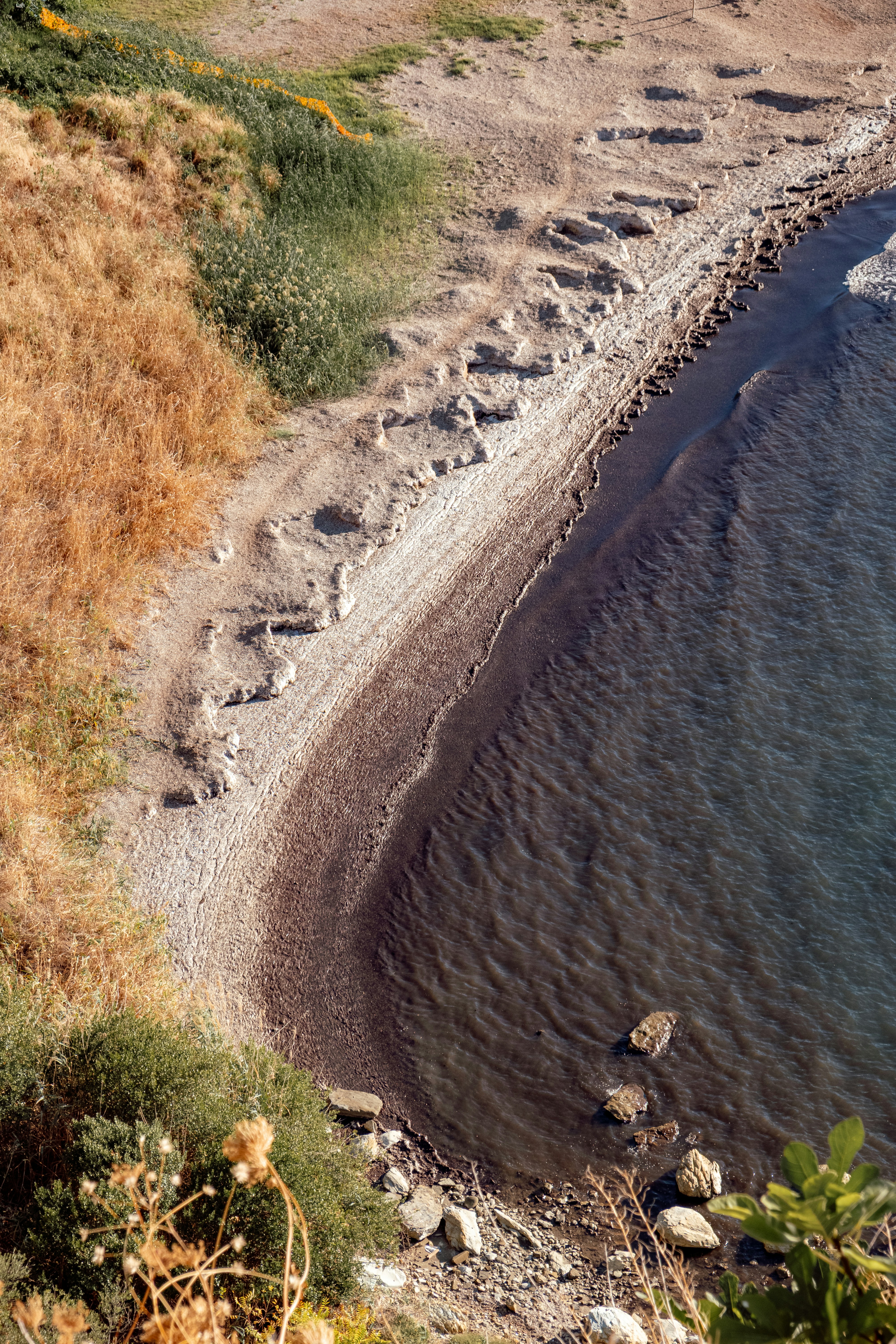 A curved shoreline with dry golden grass meeting dark water and rocky sand