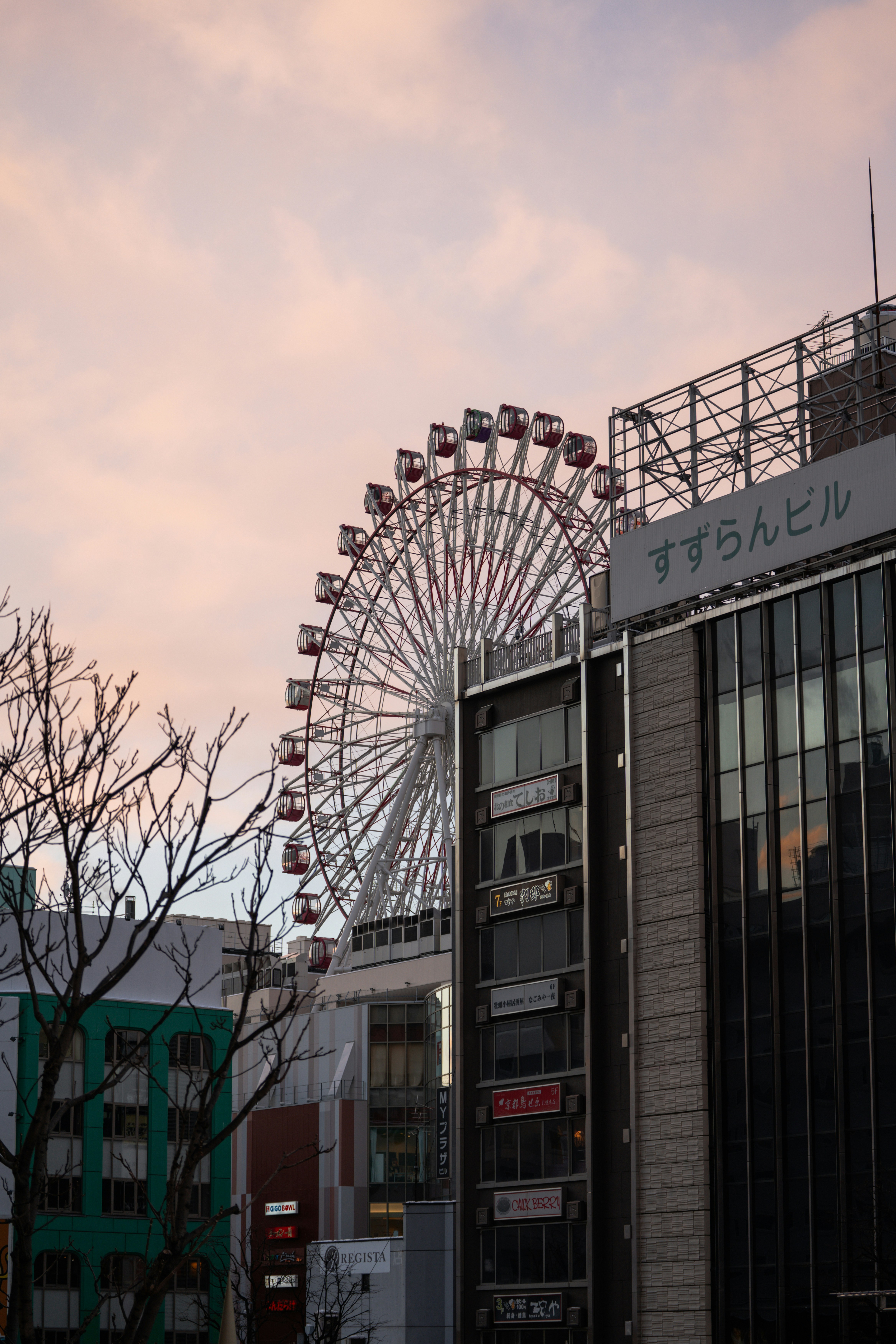 Une grande grande roue derrière des immeubles de la ville sous un ciel doux rose du soir