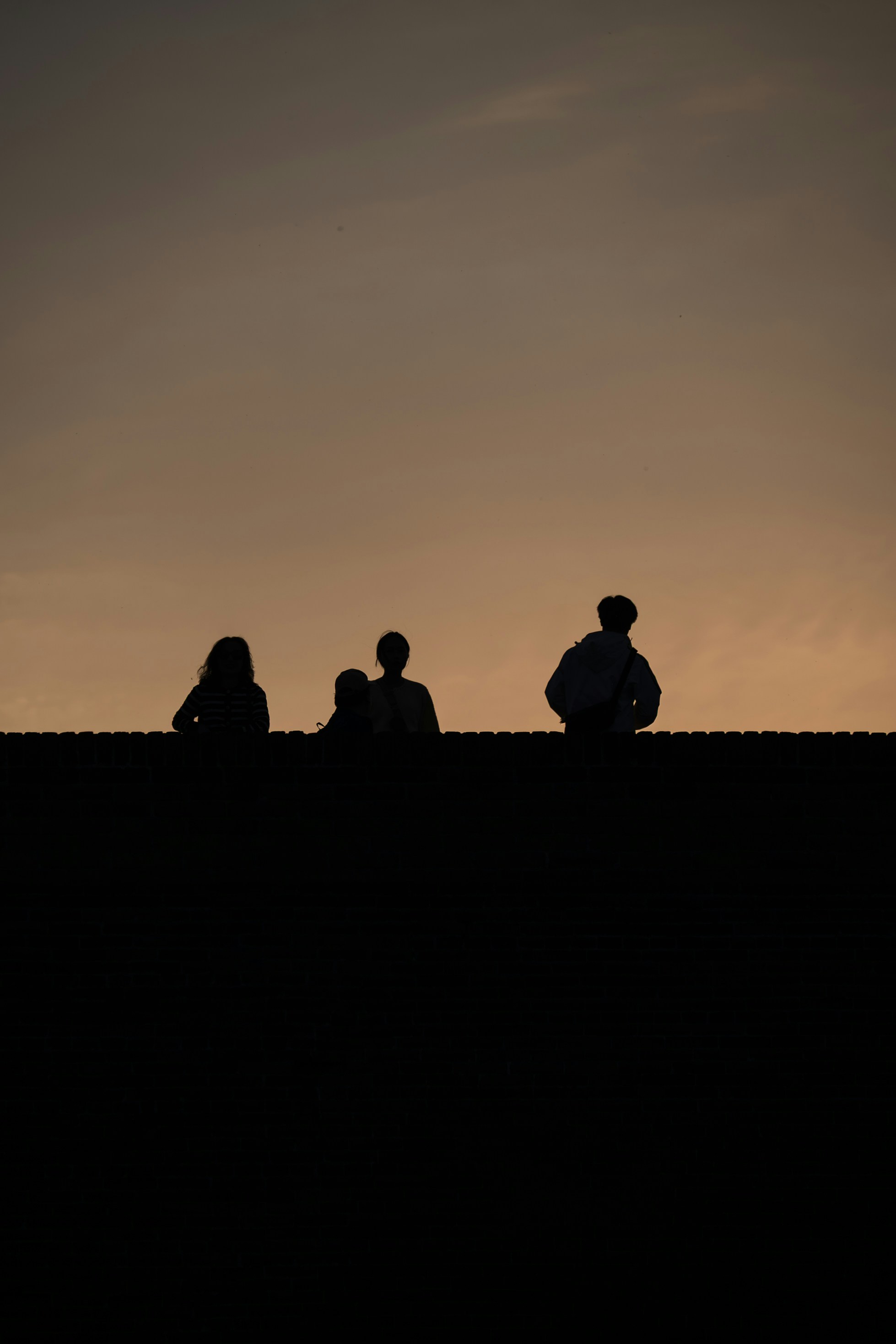 Silhouettes of four people against a warm orange sky on a brick wall