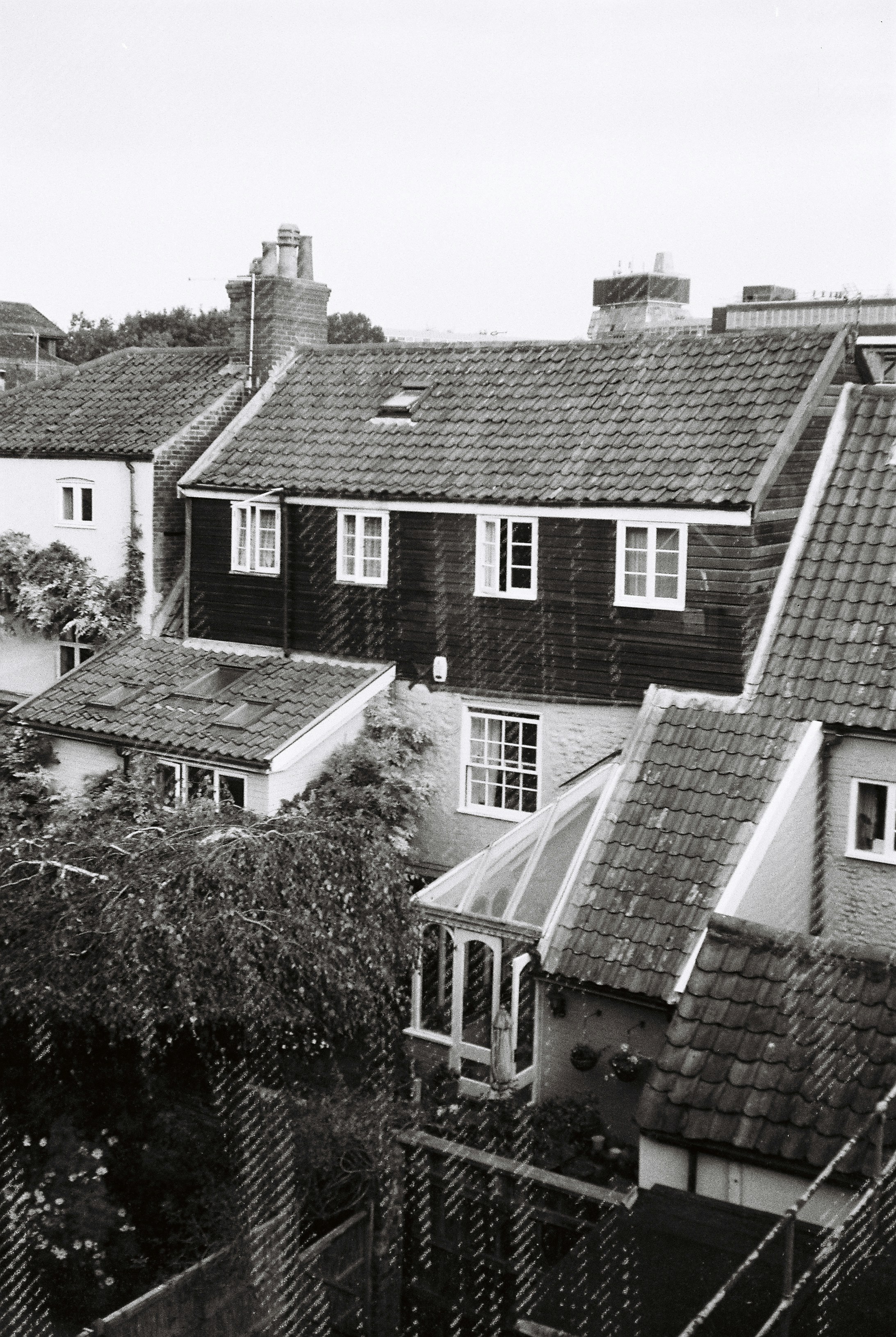 A black and white view of tiled roofs and a conservatory in a garden
