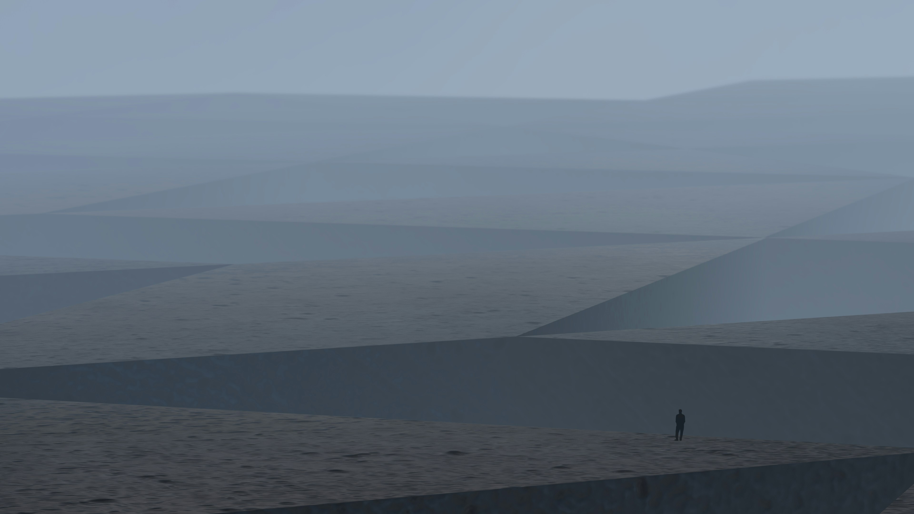 A lone person on a vast grey landscape of angular geometric planes