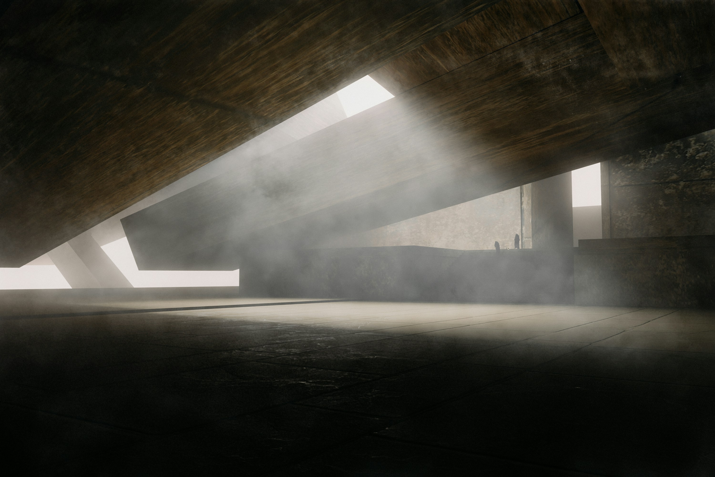 A dark industrial space with thick fog and light streaming through a ceiling gap