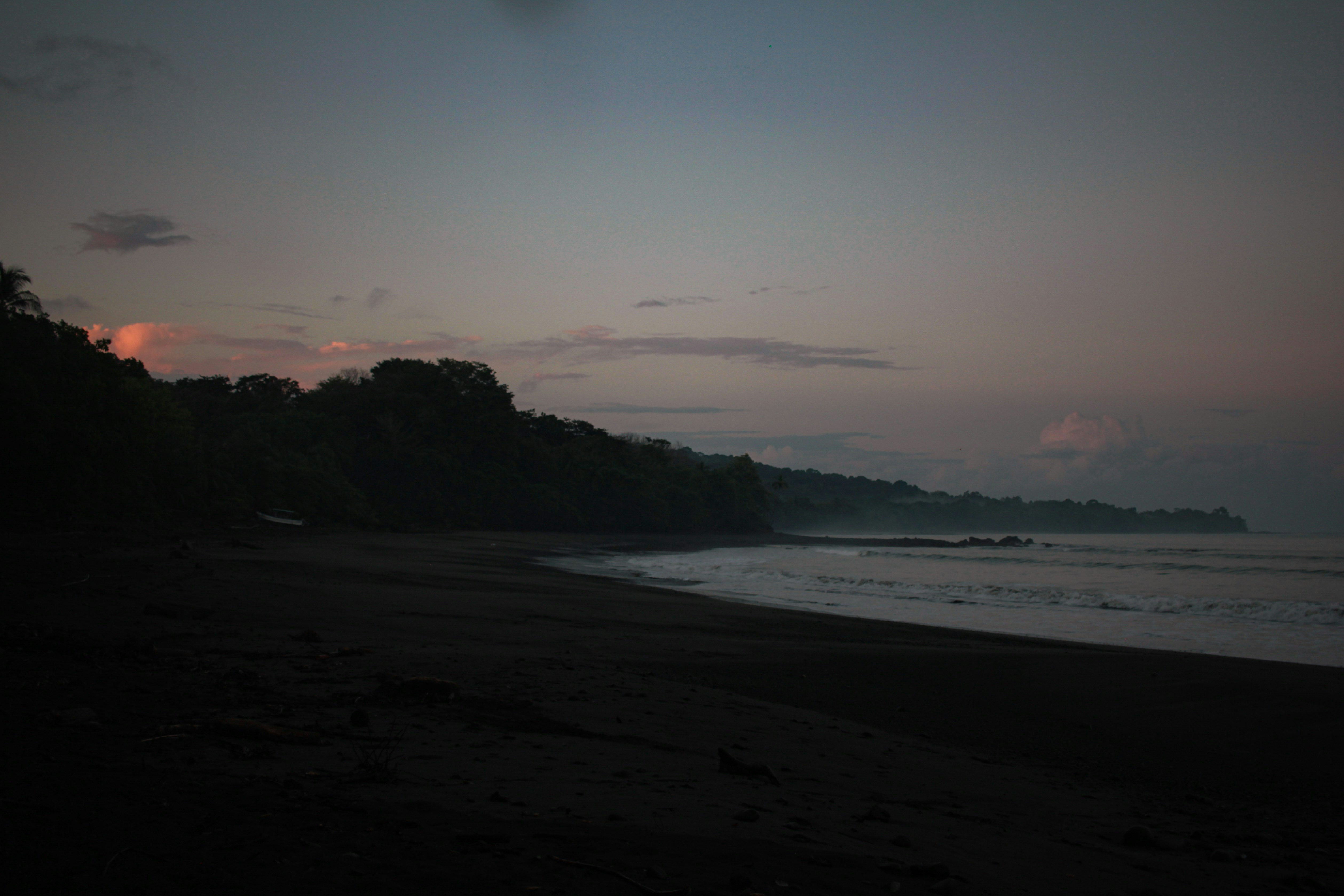 Dark sand beach with gentle waves under a soft pink and grey sky