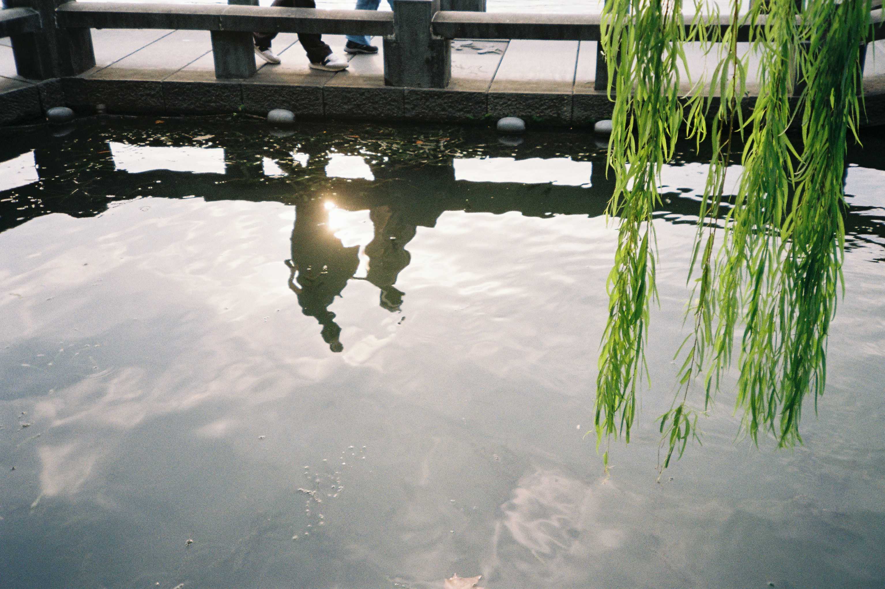 Reflections of people walking on a stone bridge in a calm pond